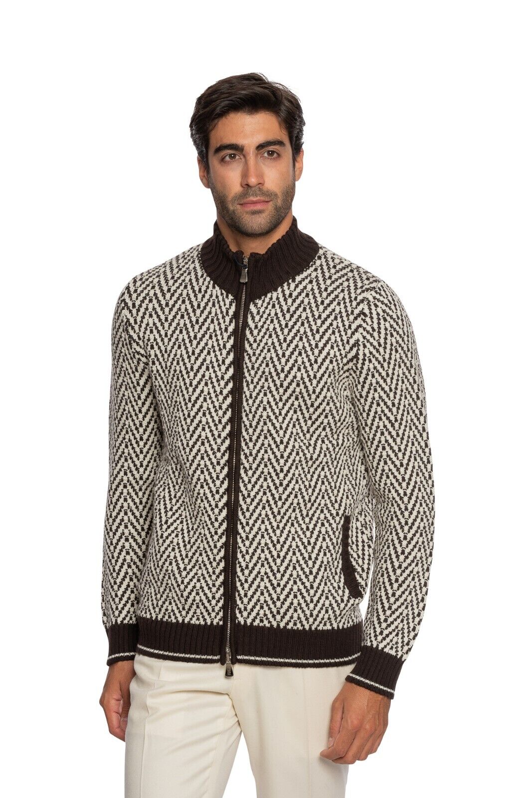 $1800 FEDELI CASHMERE Brown Bomber Cardigan Thick 100% Virgin Wool 40 US / 50 EU