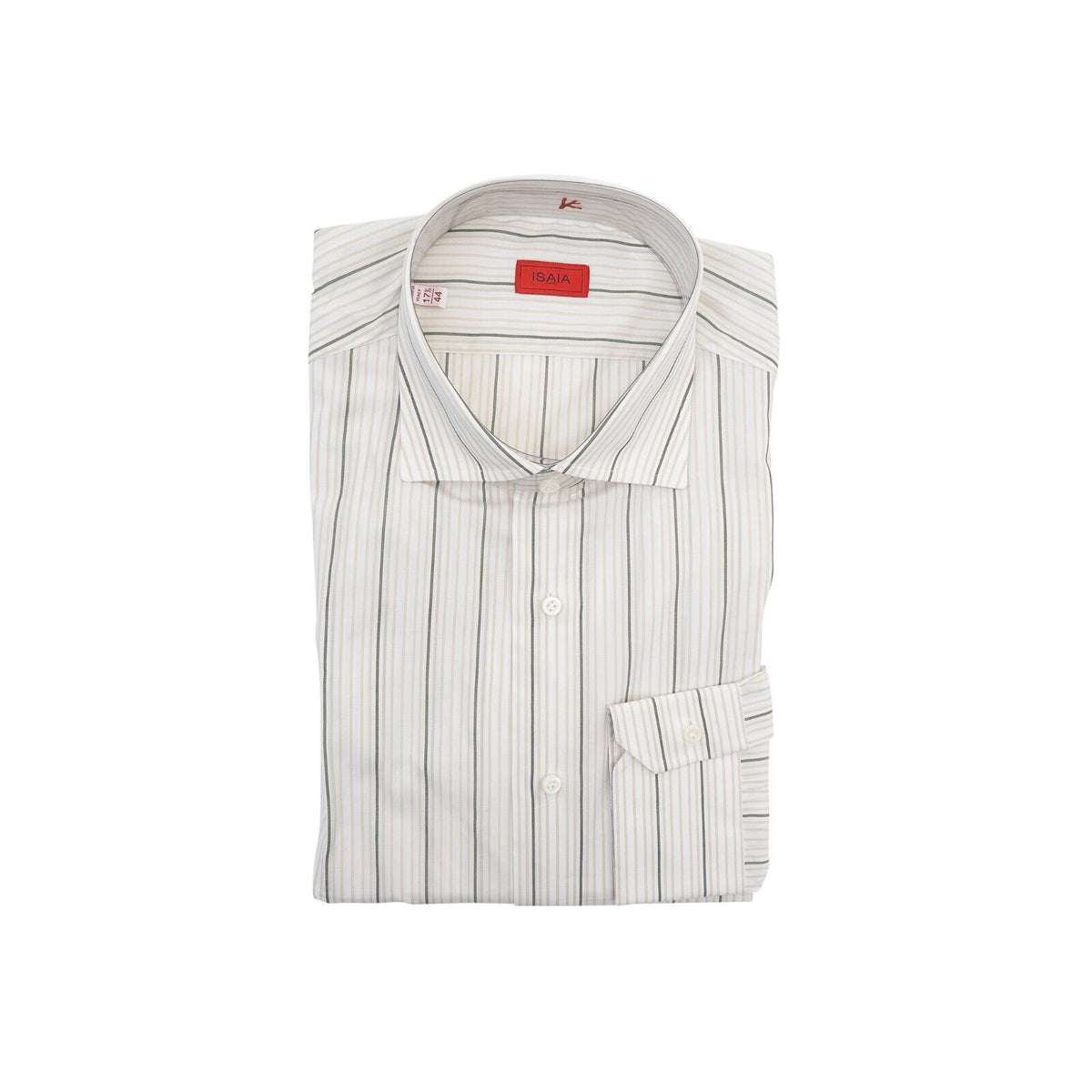 690$ ISAIA NAPOLI White / Beige Hand-Sewn Striped Casual Shirt Cotton 17.5 - 44