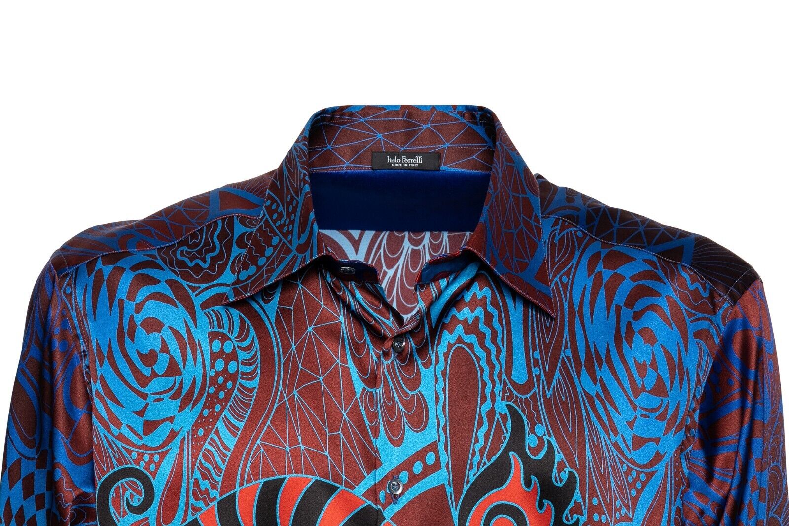 1400$ LUXURY ITALO FERRETTI Shirt Blue "ABSTRACT" 100% Satin COMO Silk L BIJAN