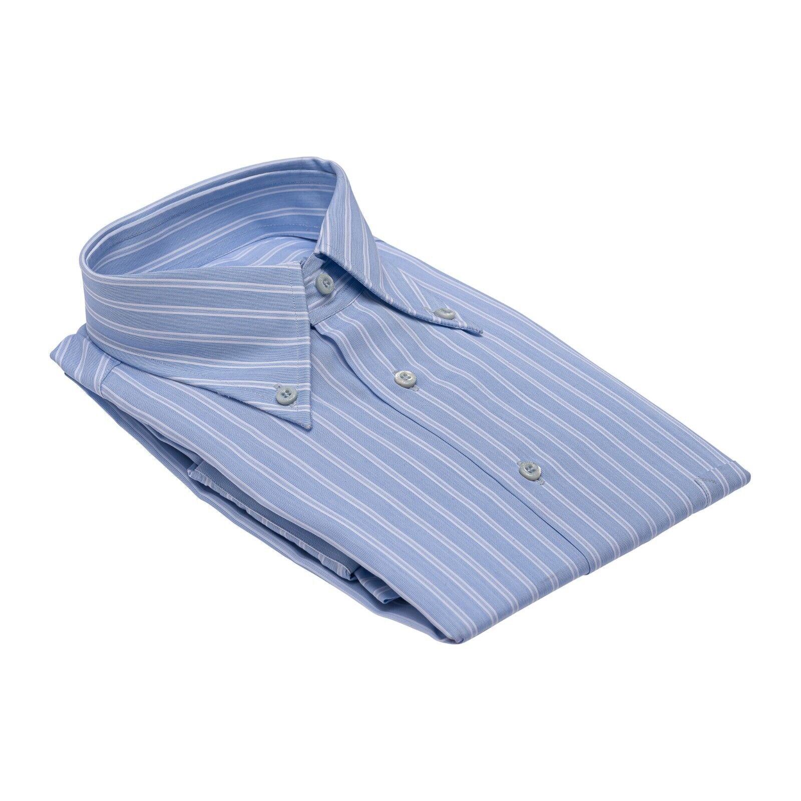 690$ LUXURY GERLIN Shirt POINT Striped Light Blue Cotton 3Q ZILLI