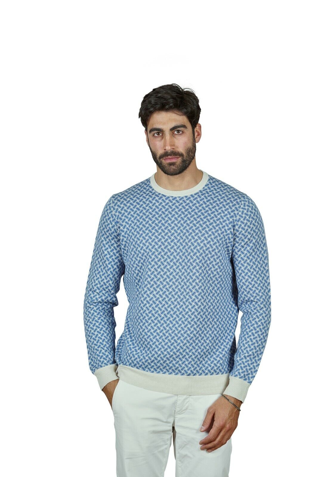 290$ Italian Luxury DRUMOHR Summer Sweater Cotton & Linen "Razor Blade" Blue