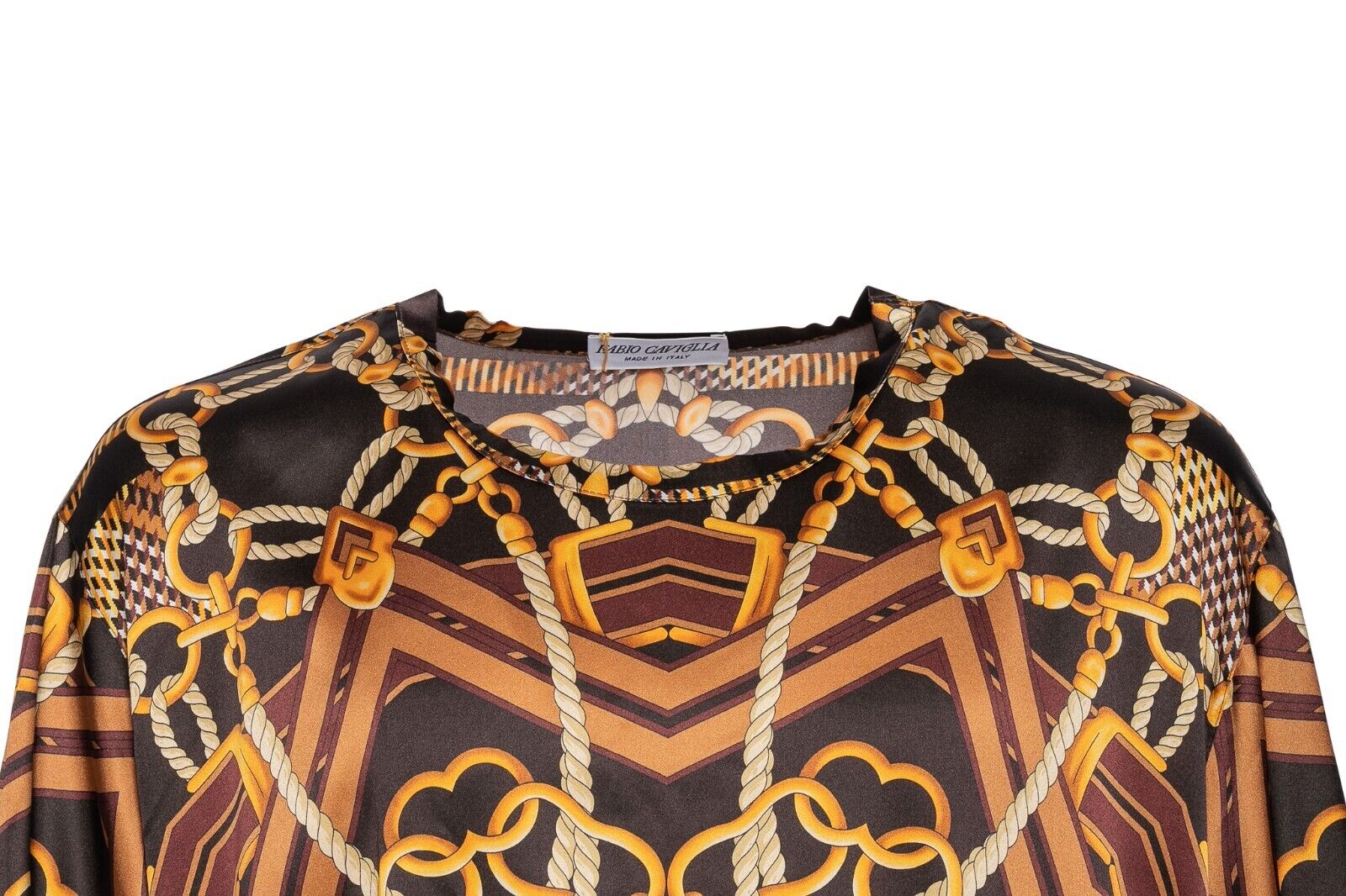 750$ FABIO CAVIGLIA T-Shirt "TUNIC" Brown Chains 100% Silk COMO STRETCH Size XXL