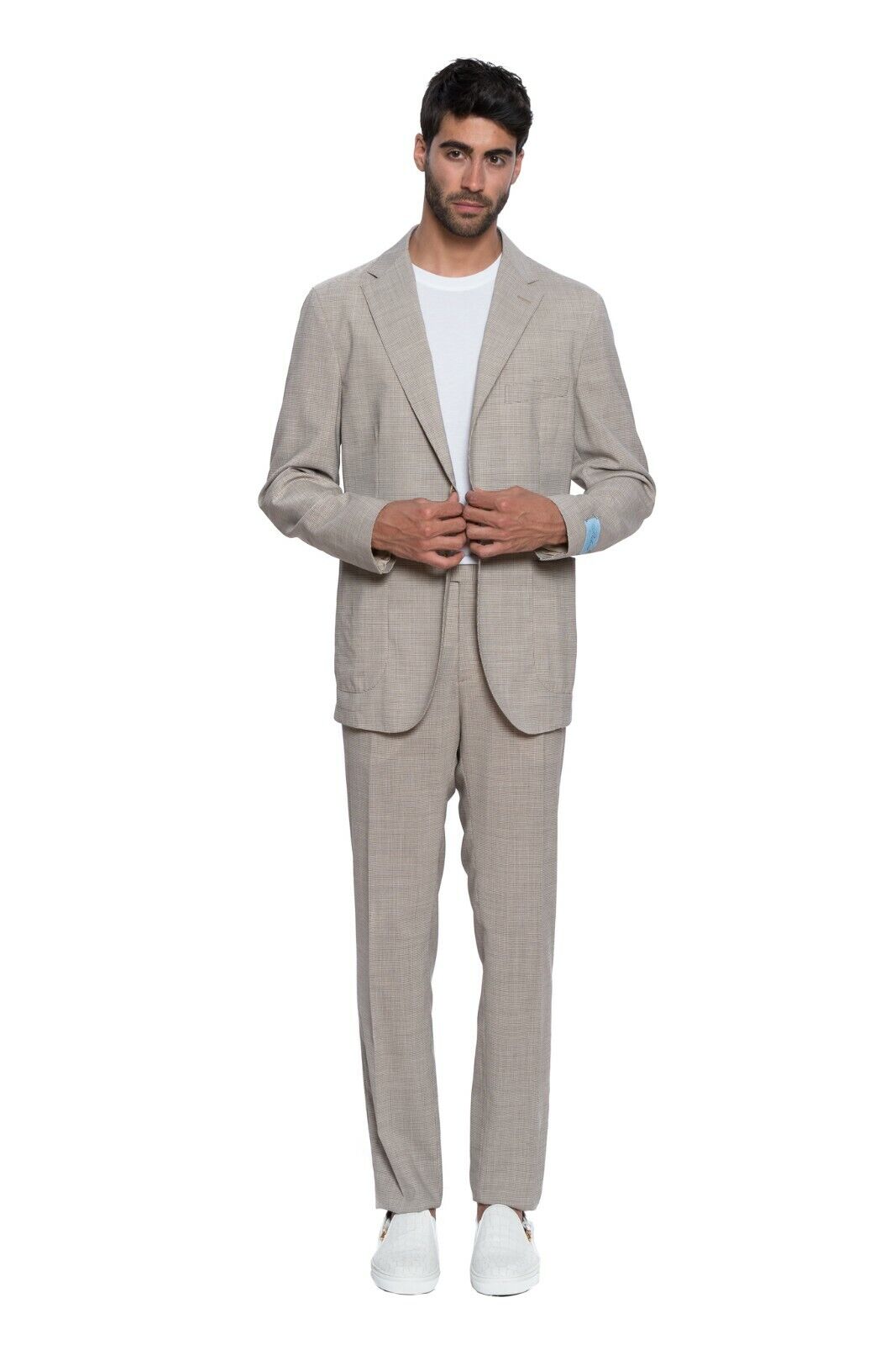 $2790 Belvest Brown Micro Houndstooth Suit Ultra Light Wool 7R Slim Fit