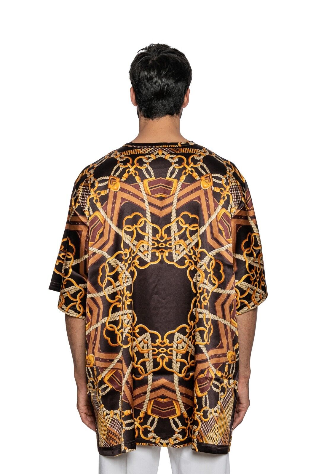 750$ FABIO CAVIGLIA T-Shirt "TUNIC" Brown Chains 100% Silk COMO STRETCH Size XXL