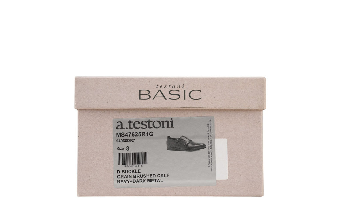 1250$ TESTONI Double Monk Shoes Grain Brushed Calf Blue Navy 8 UK / 9 US / 42 IT