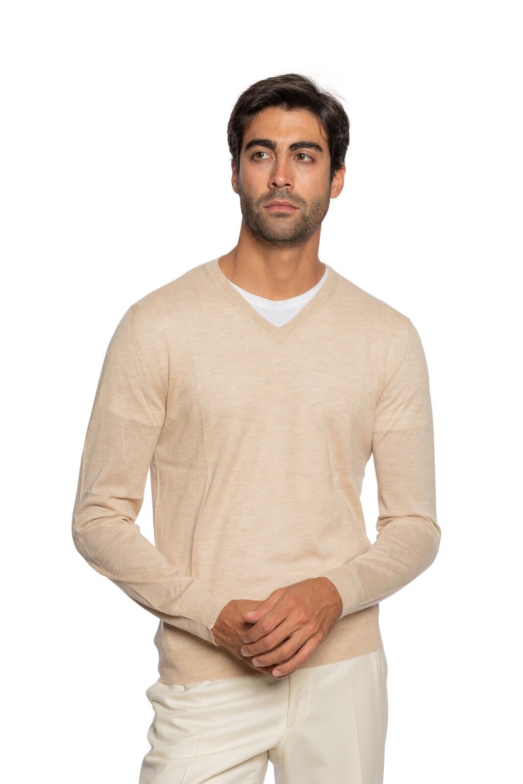 $2000 FEDELI CASHMERE Beige Modern V-neck Sweater 90% CASHMERE 10% VICUNA