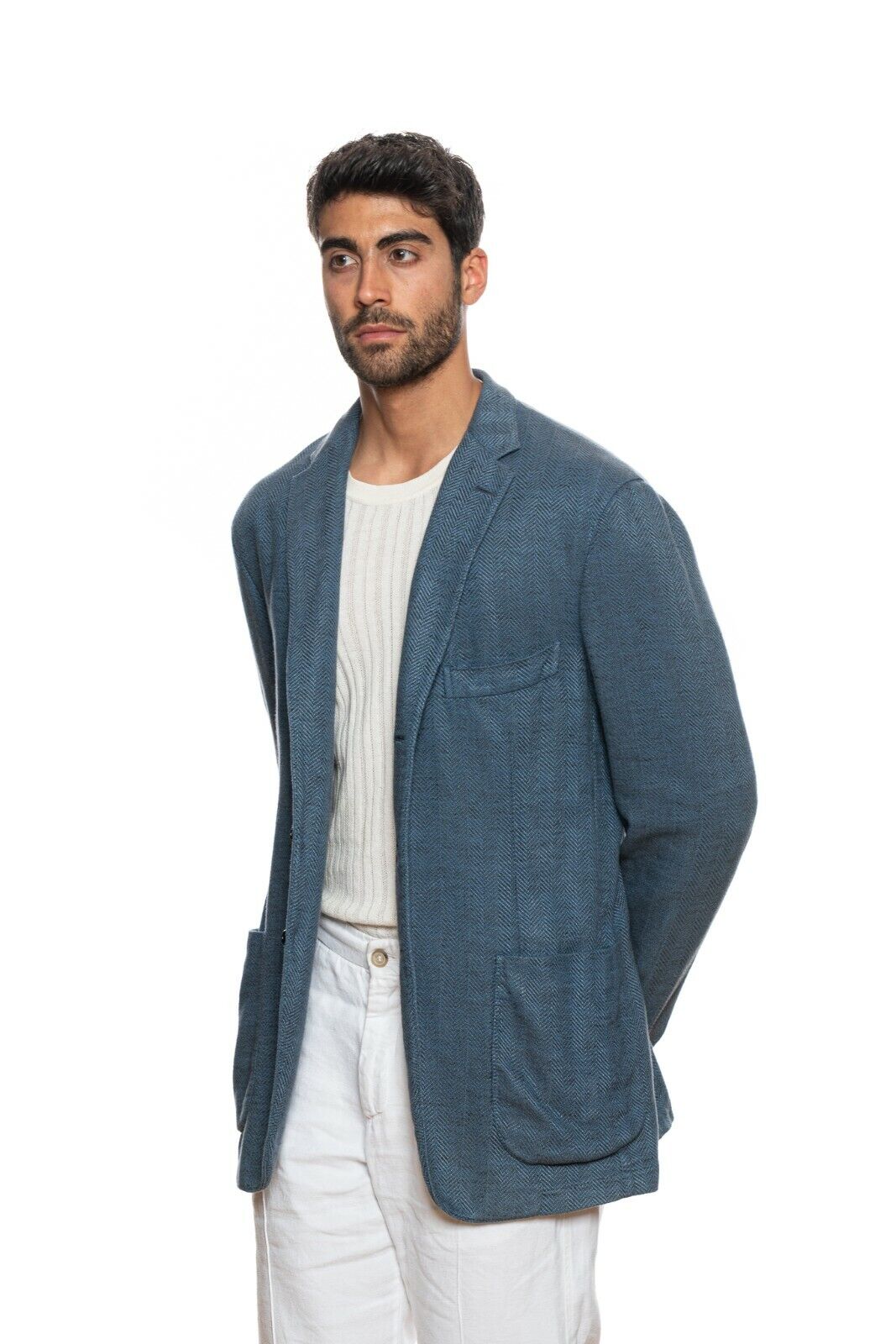 1450$ BELVEST Blue Denim Herringbone Jacket Washed Linen Cotton 46 US / 56 EU 7R