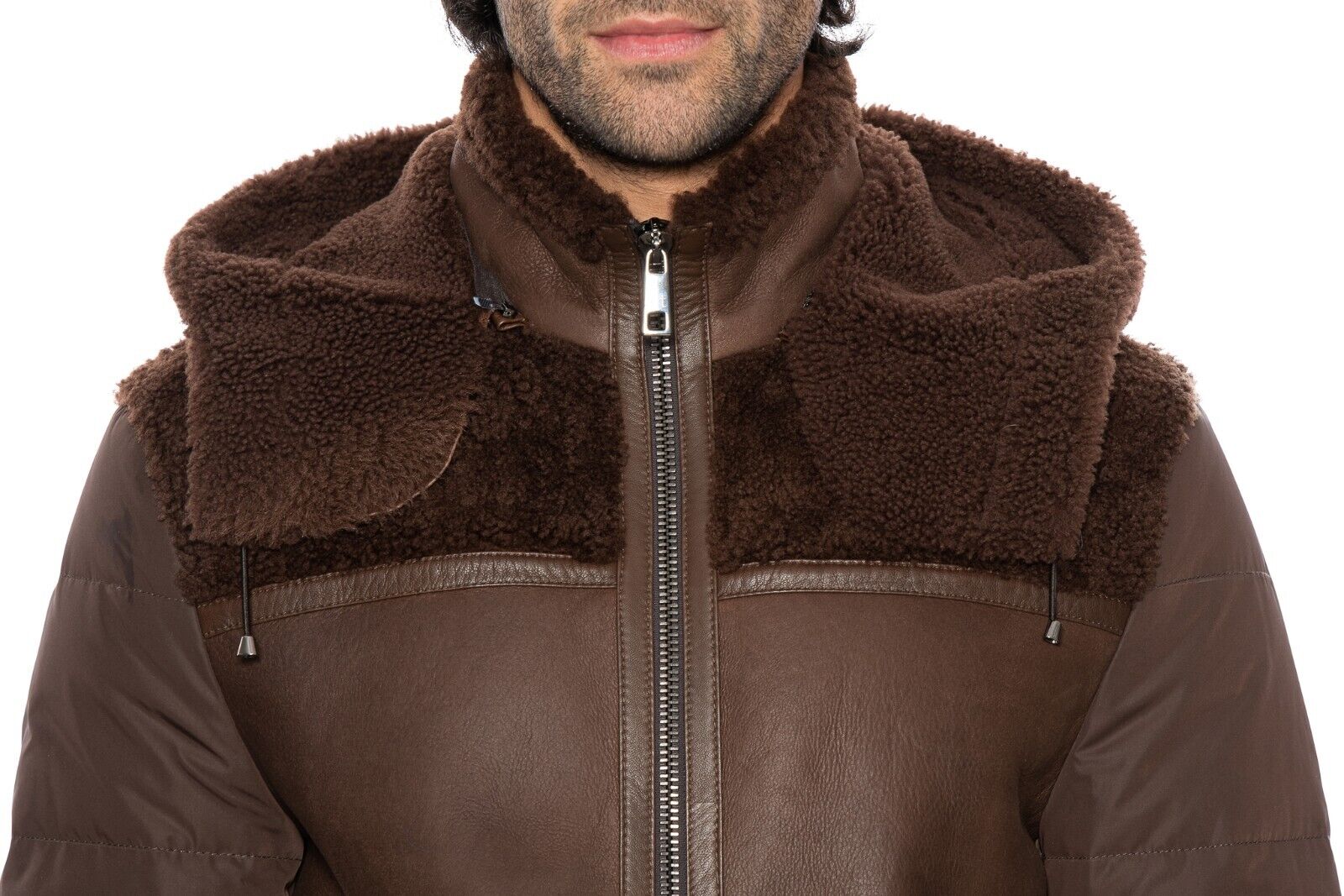 $3885 HETTABRETZ for TESTONI Brown Jacket Coat Puffer Goose Down + Shearling
