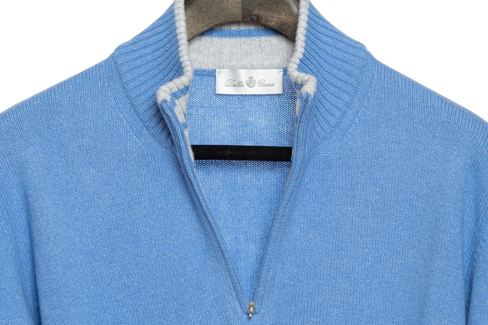 590$ DELLA CIANA CASHMERE Half Zip Sweater Merinos Wool / Cashmere Light Blue