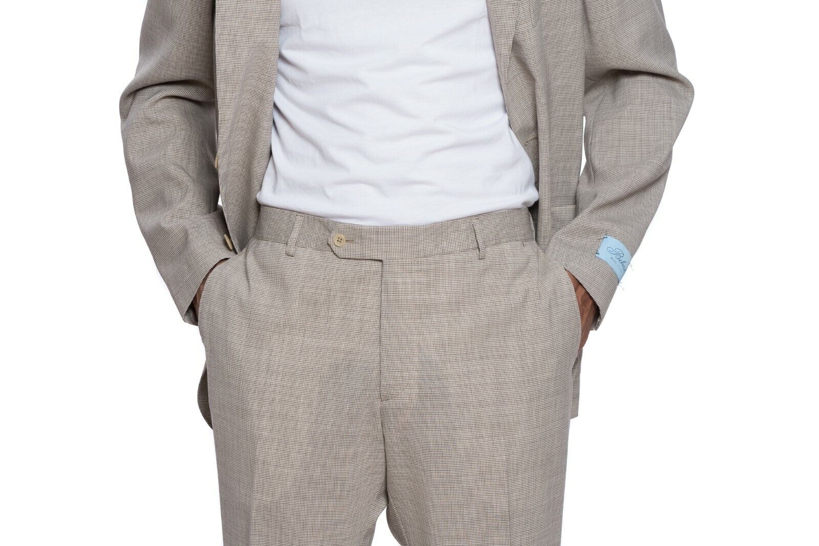 $2790 Belvest Brown Micro Houndstooth Suit Ultra Light Wool 7R Slim Fit