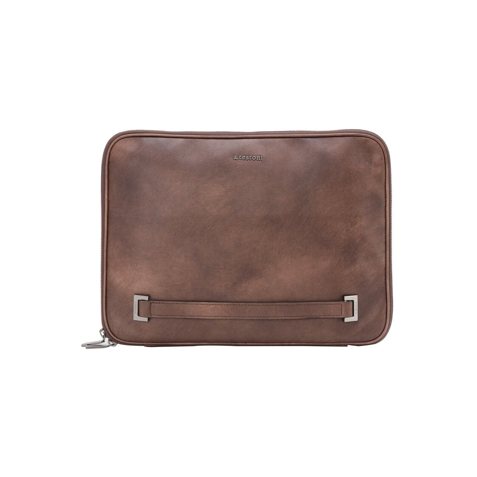 $740 Testoni Bologna Brown TAMPONATO Calf Clutch Bag / Document Holder PC case