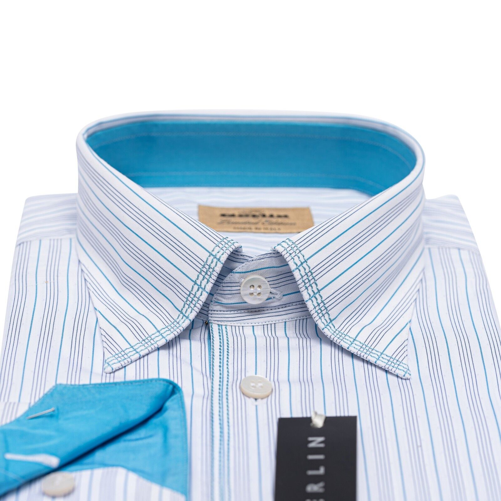 690$ LUXURY GERLIN Shirt Point Collar Turquoise Cotton 16-41 - 7R BIJAN