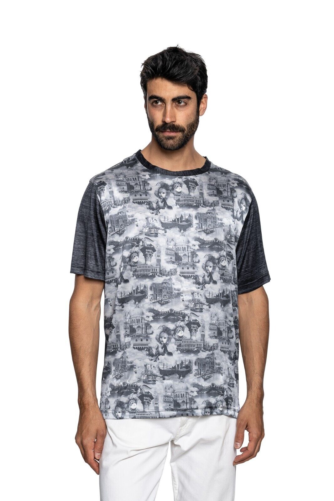 750$ ITALO FERRETTI T-Shirt Gray "VENEZIA" 100% Silk COMO STRETCH ZILLI