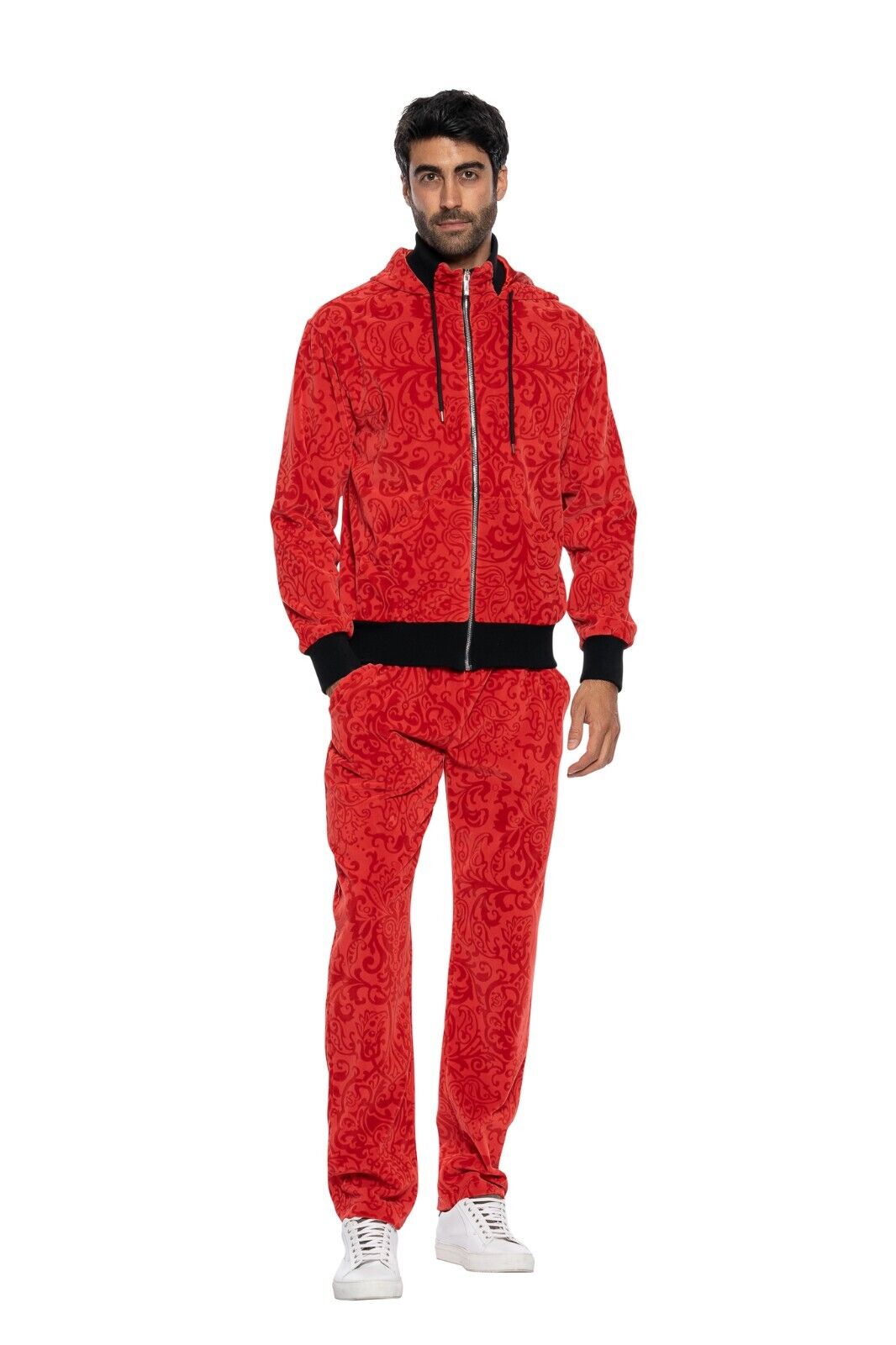3500$ ITALO FERRETTI Tracksuit Jogging Suit Red "DAMASK" Velvet + Silk Size L