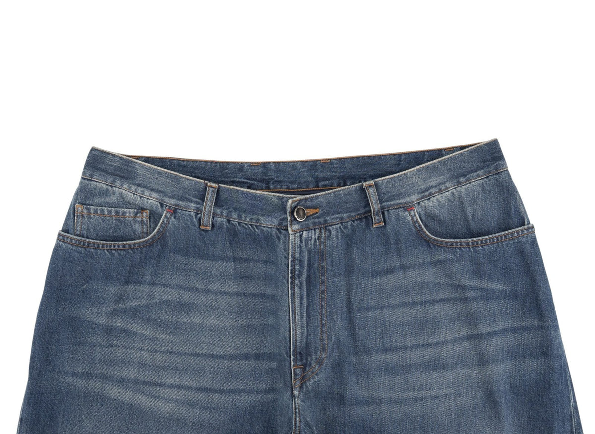 795$ ISAIA NAPOLI "Forcella" Blue Denim Jeans Pant Cotton - Leather Tag Wide Leg