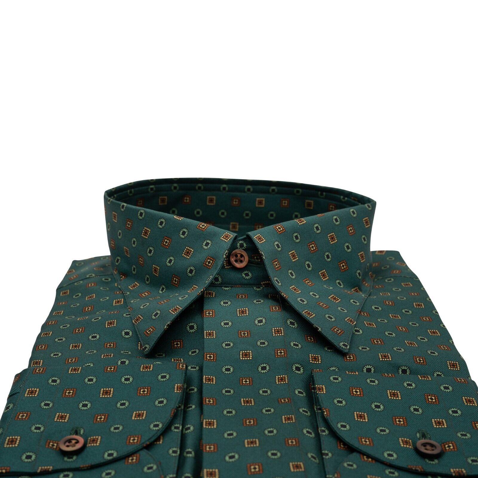 1400$ MAROL BOLOGNA Geometric Petroleum Green Shirt 100% COMO SILK Satin 16-41