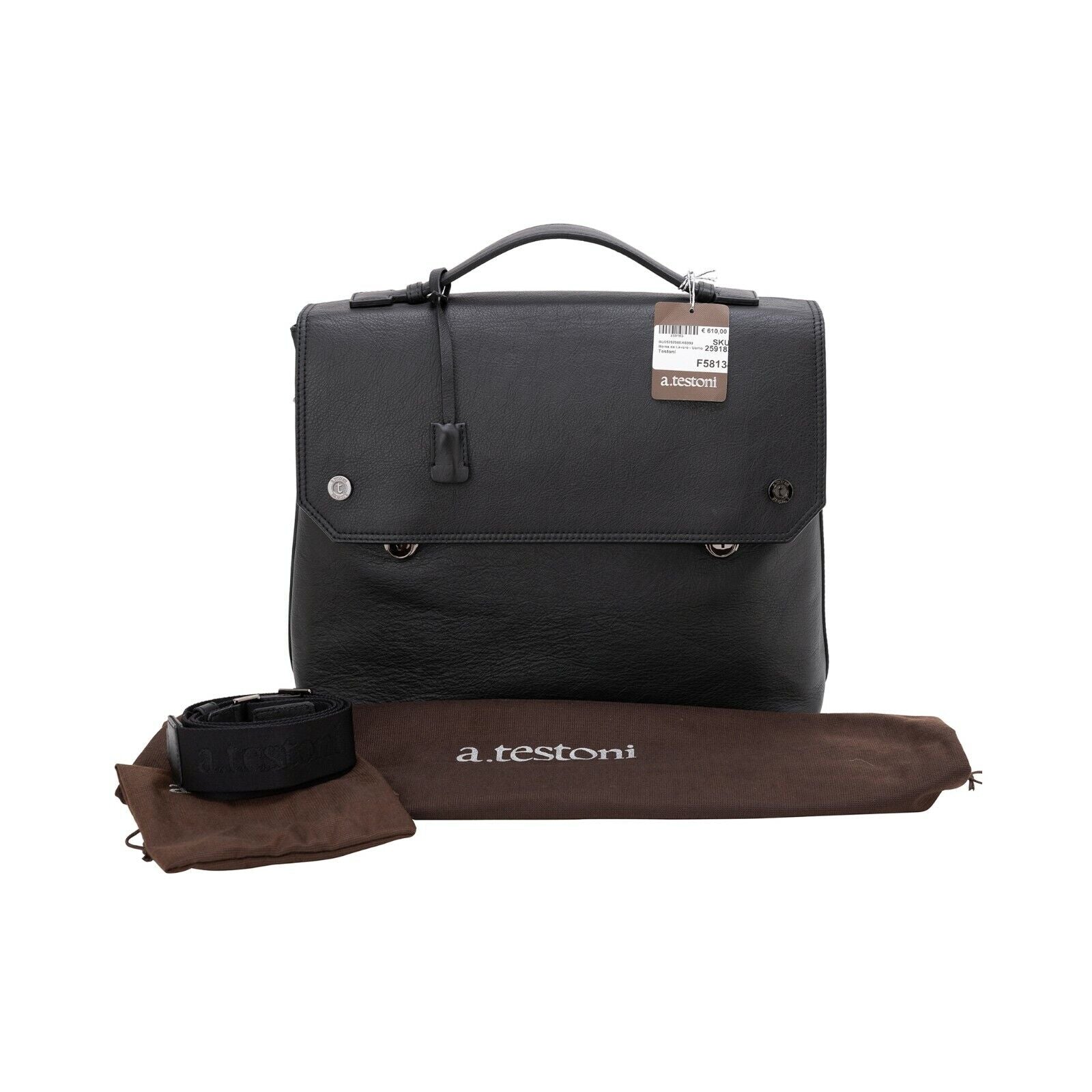 $780 Testoni Bologna Briefcase PC Case Luxury Black Easy Calf + Shoulder Strap