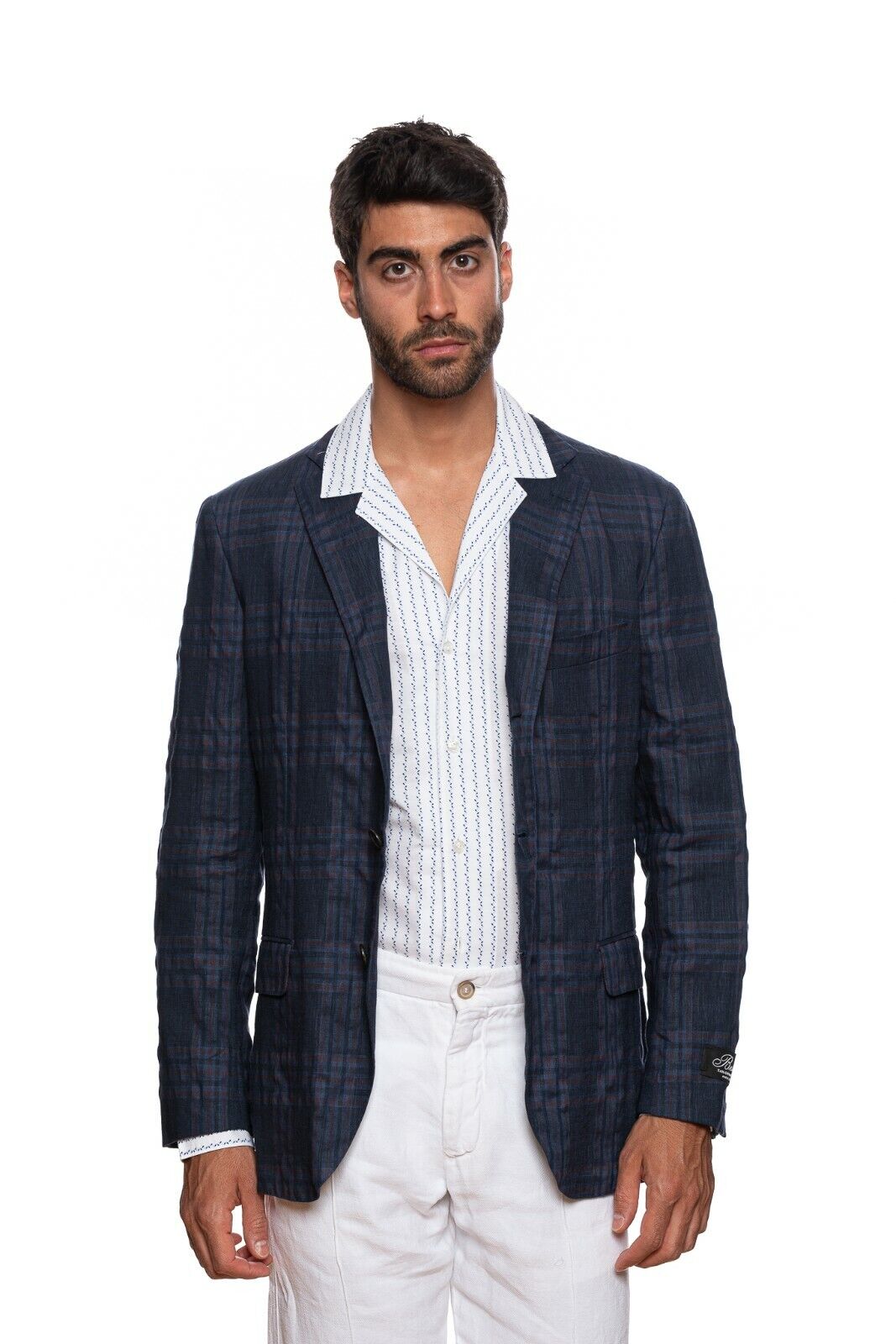 1980$ BELVEST Dark Blue Windowpane Wool Linen Jacket Blazer 40 US / 50 EU 7R