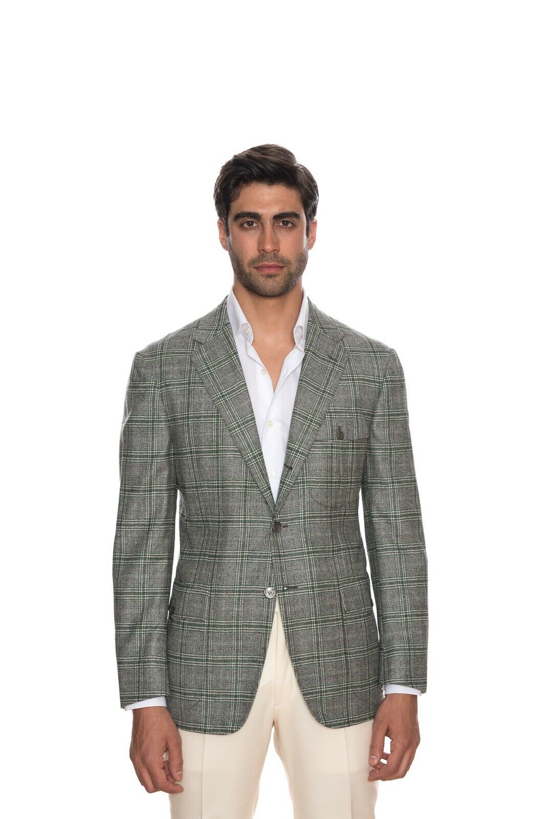 $2395 D'AVENZA Gray Wool Cashmere Windowpane Jacket Sewn in Italy 40 US / 50 EU