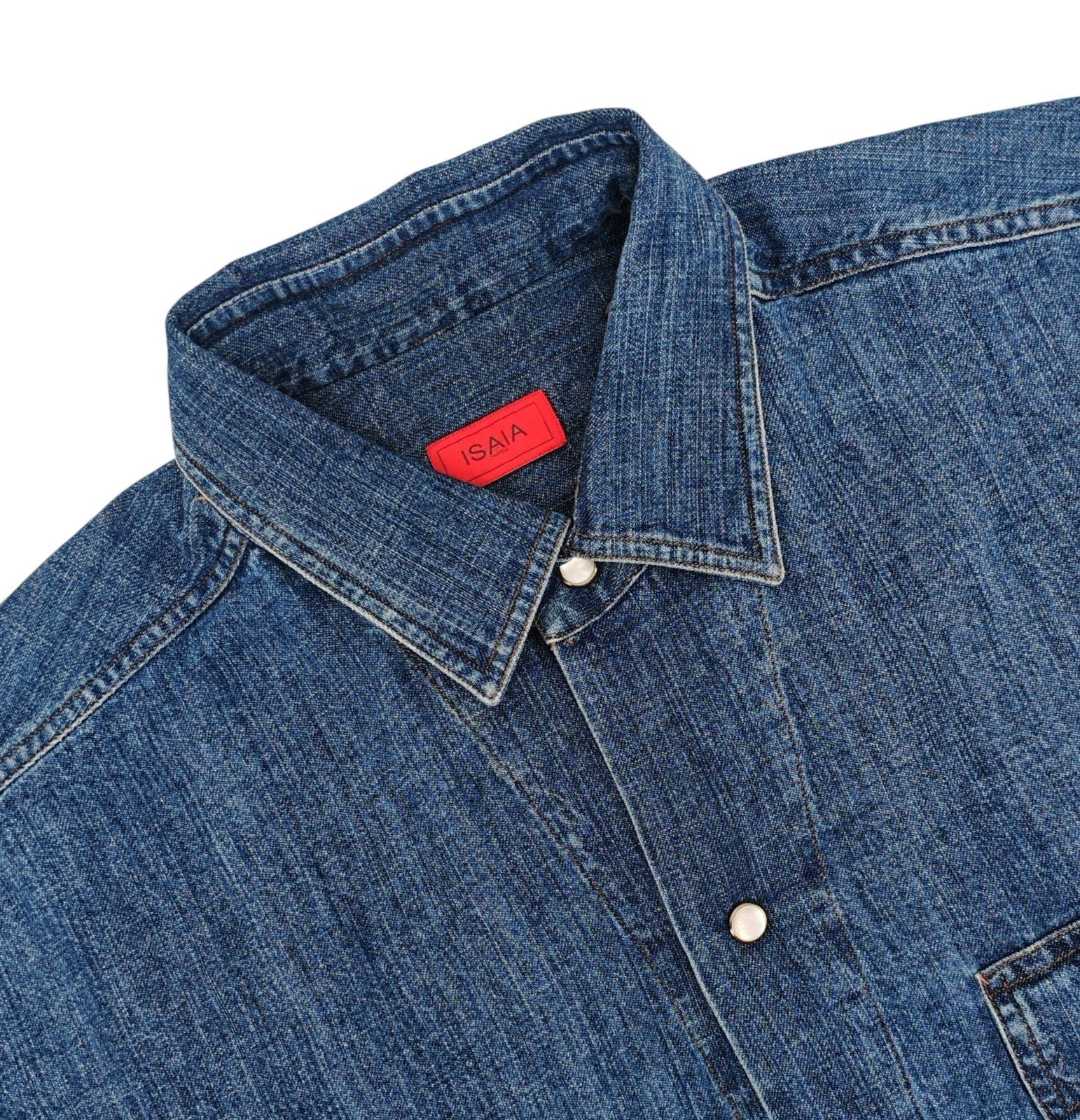 730$ ISAIA NAPOLI Denim Western Shirt Hand-Sewn Blue Cotton 15.75 - 40