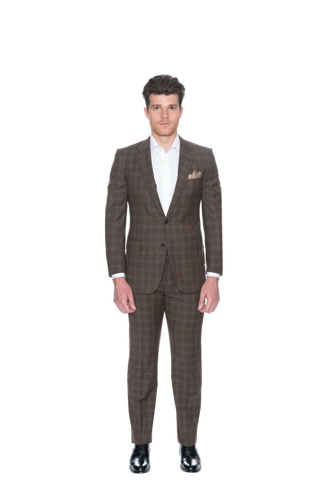 $4890 D'AVENZA Brown Wool 130's Checks Suit Hand-Sewn in Italy 40 US / 50 EU