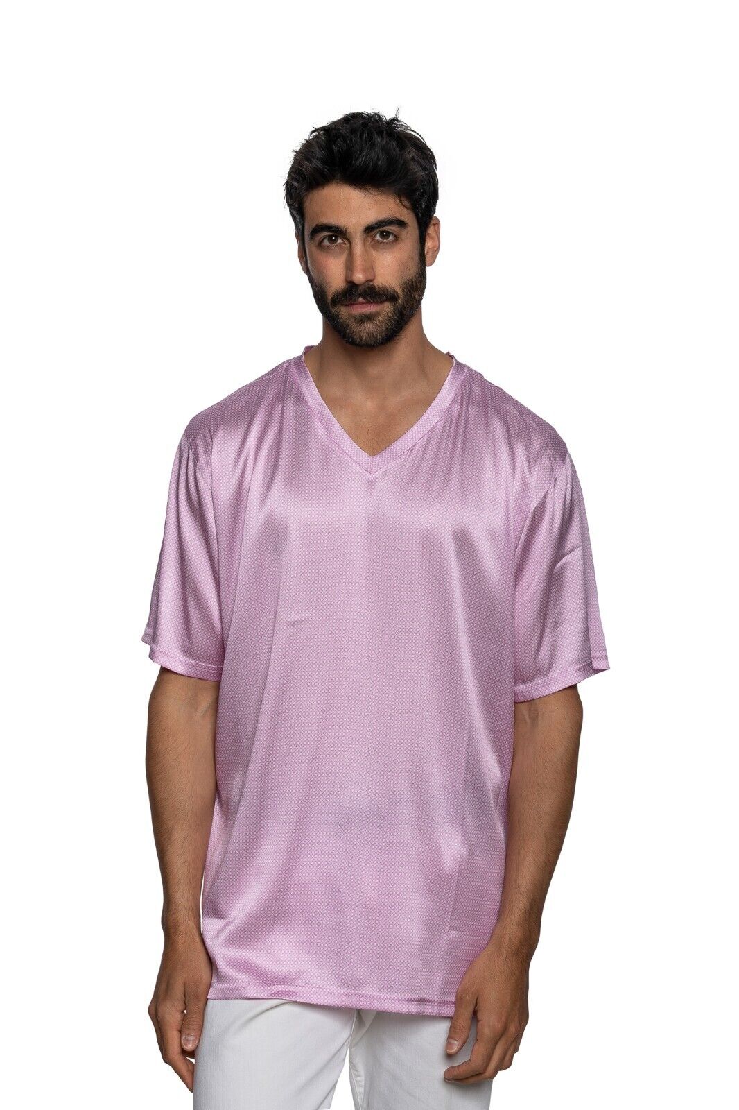 750$ ITALO FERRETTI T-Shirt Pink V-NECK" 100% Silk COMO STRETCH Size XXL ZILLI