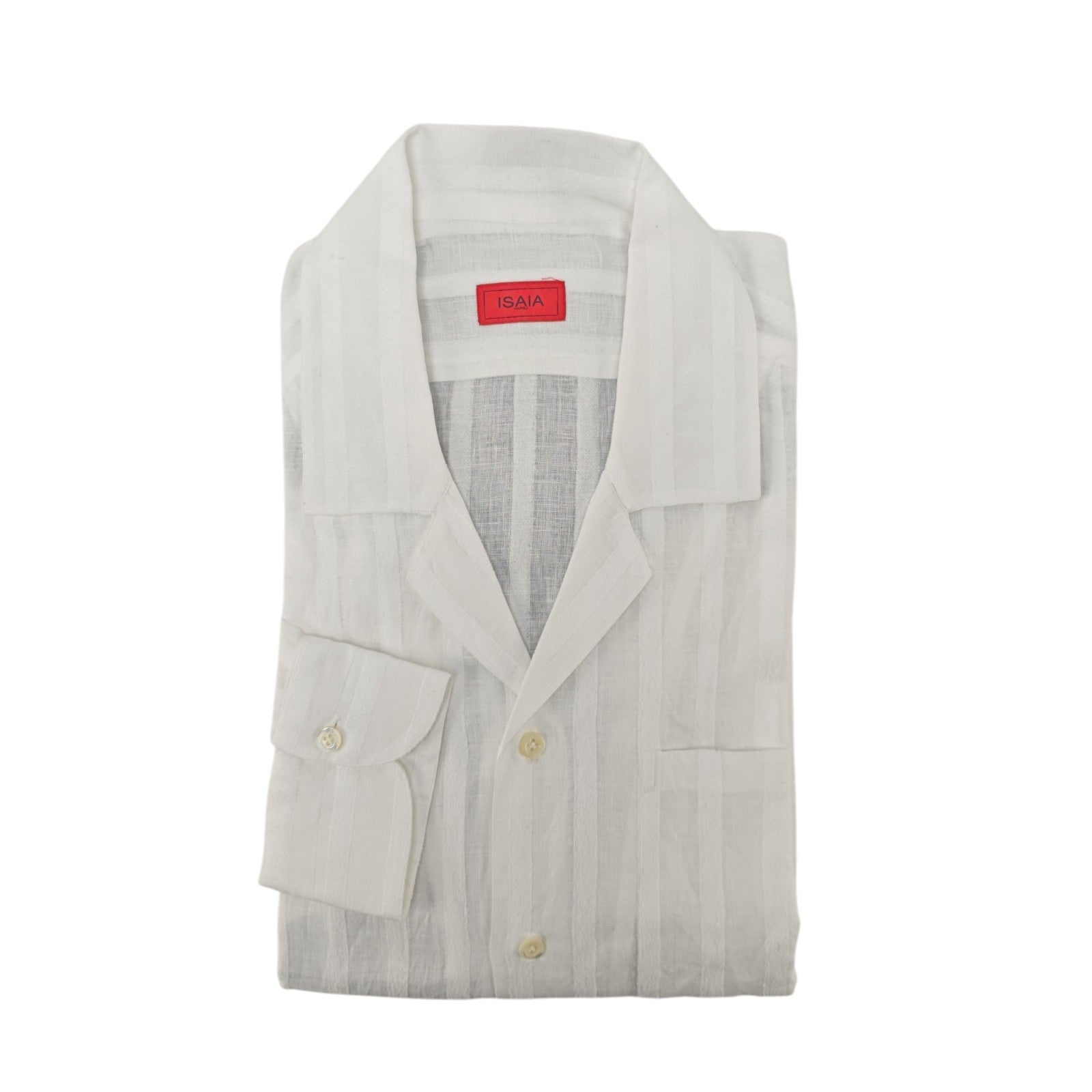 820$ ISAIA NAPOLI White Camp Collar Shirt Jacquard Cotton Linen
