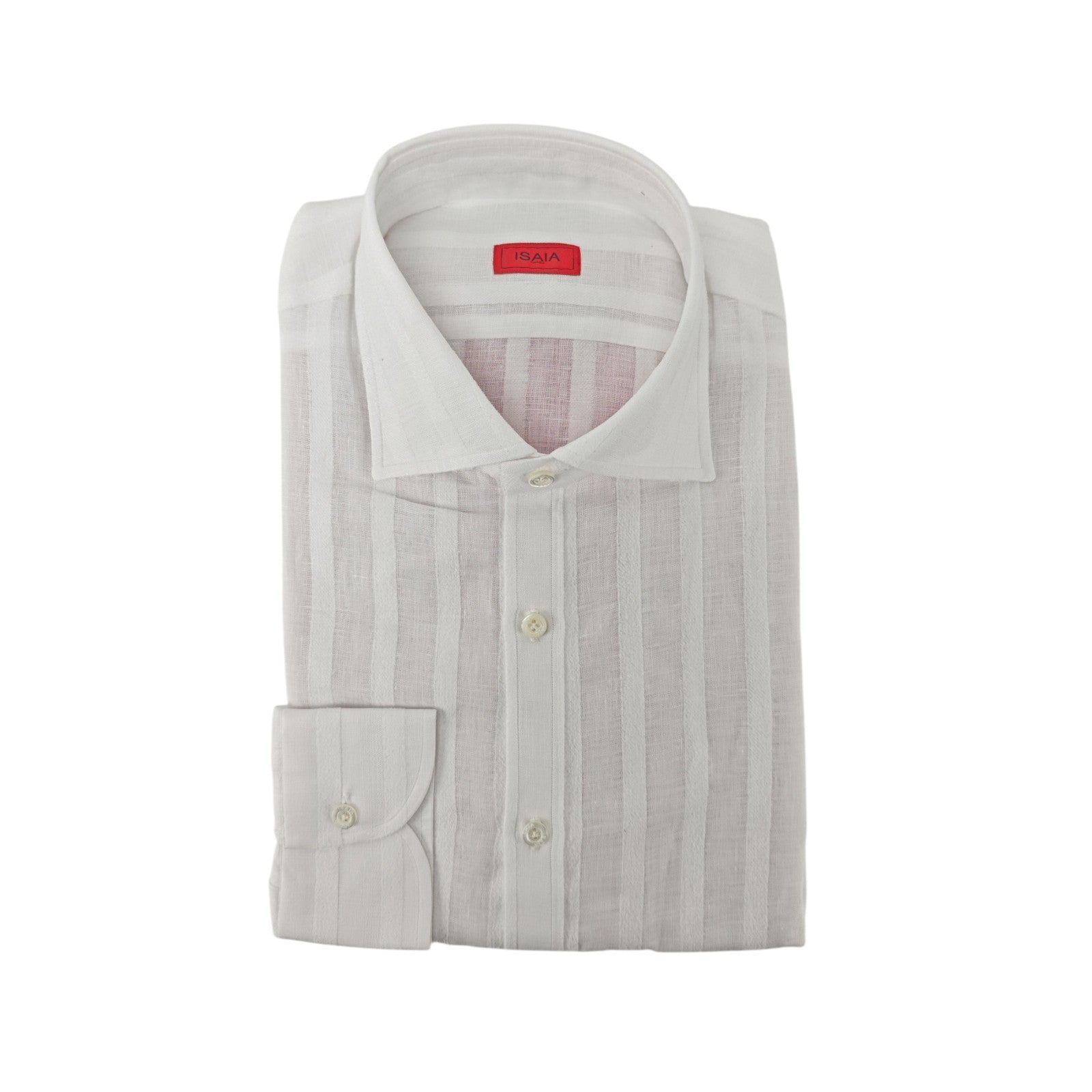790$ ISAIA NAPOLI White Shirt Hand-Sewn Jacquard Cotton Linen