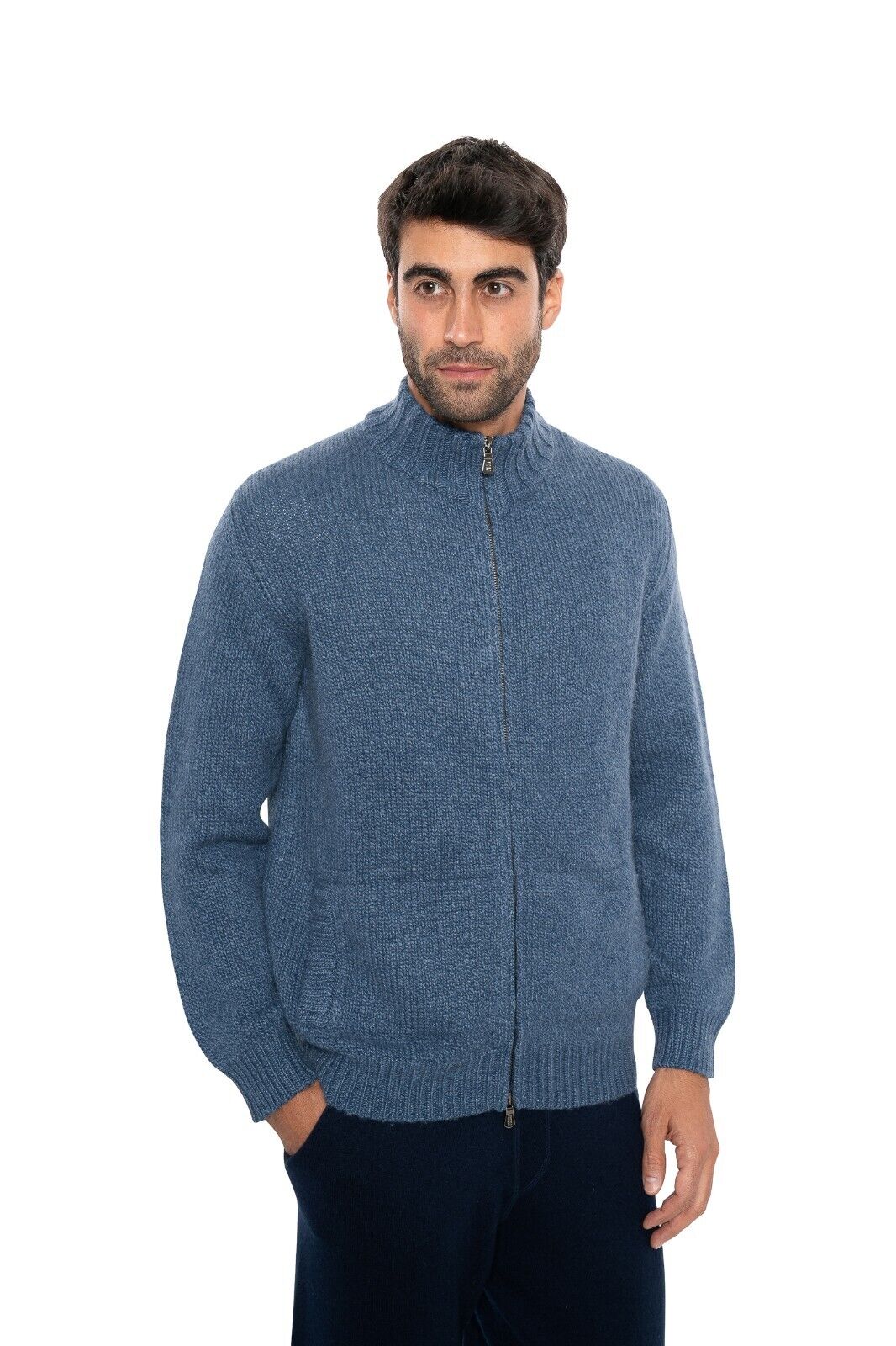 $2290 FEDELI CASHMERE "Malfilè" Blue Cardigan Jacket Full Zip Cashmer