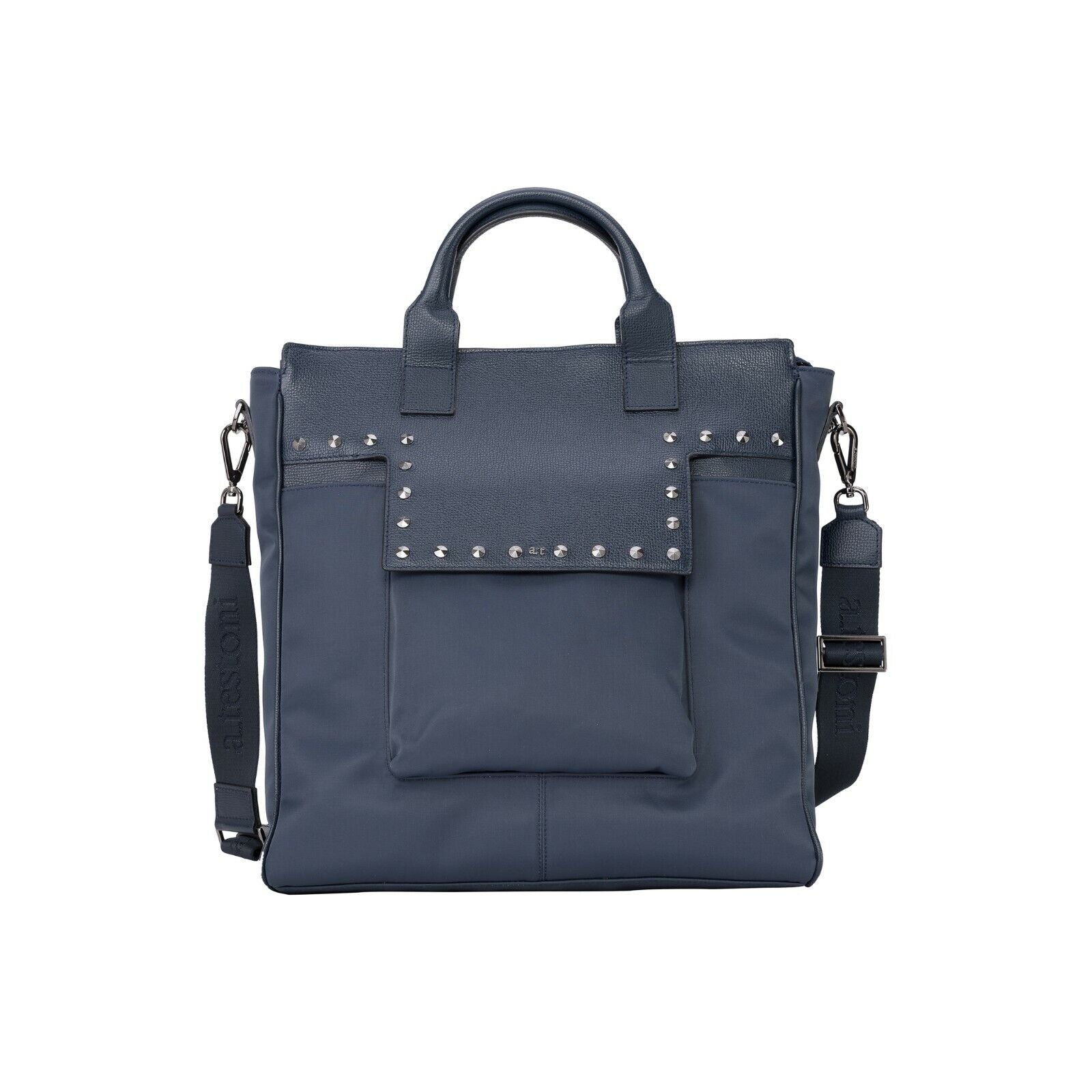 $1340 Testoni Bologna Shopping Bag with Studs Blue Karibu Calf + Fabric