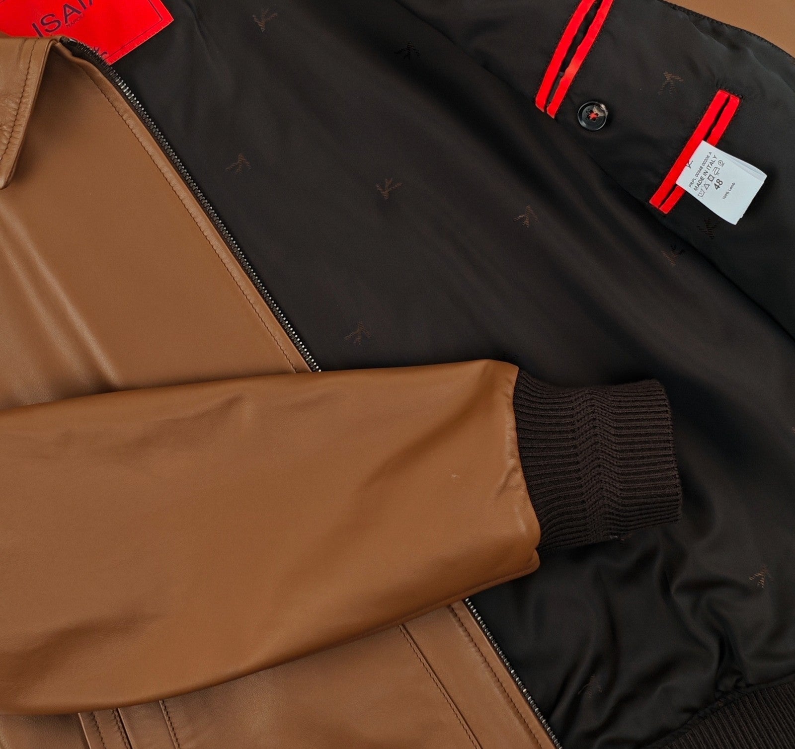 $5800 ISAIA NAPOLI Brown Cognac Bomber Jacket 100% Lambskin Leather 38 US 48 EU