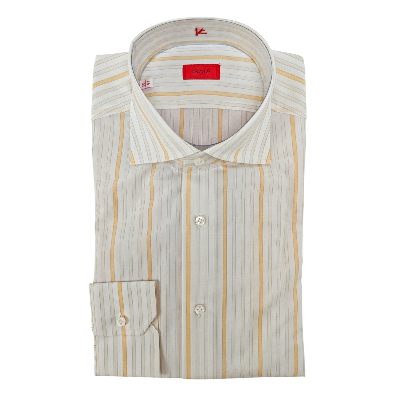 730$ ISAIA NAPOLI "Mix" Dress Shirt White - Yellow Striped Oxford Cotton 16 - 41