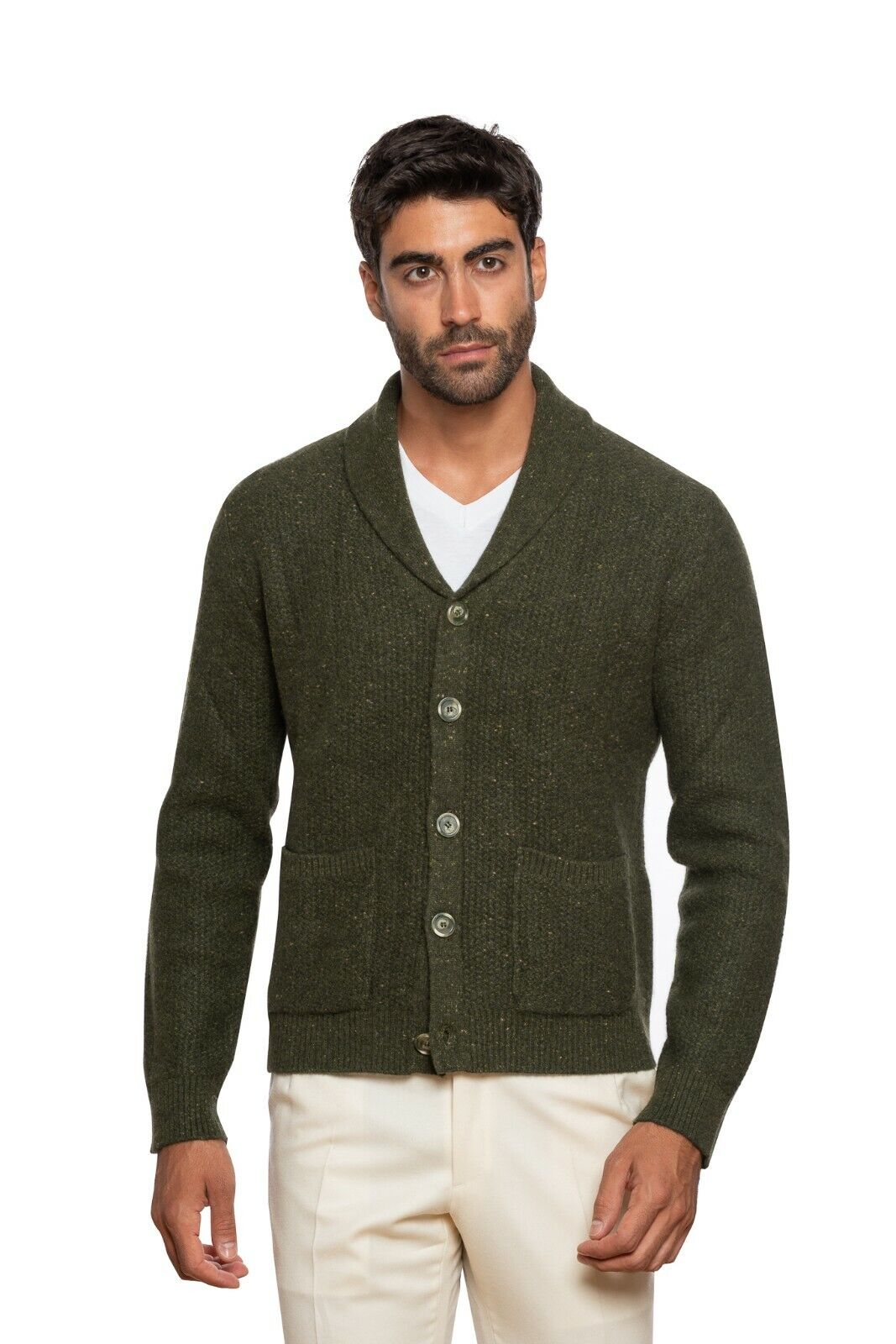 $1300 FEDELI CASHMERE Green Cardigan Thick 100% Cashmere Ribbed 40 US / 50 EU