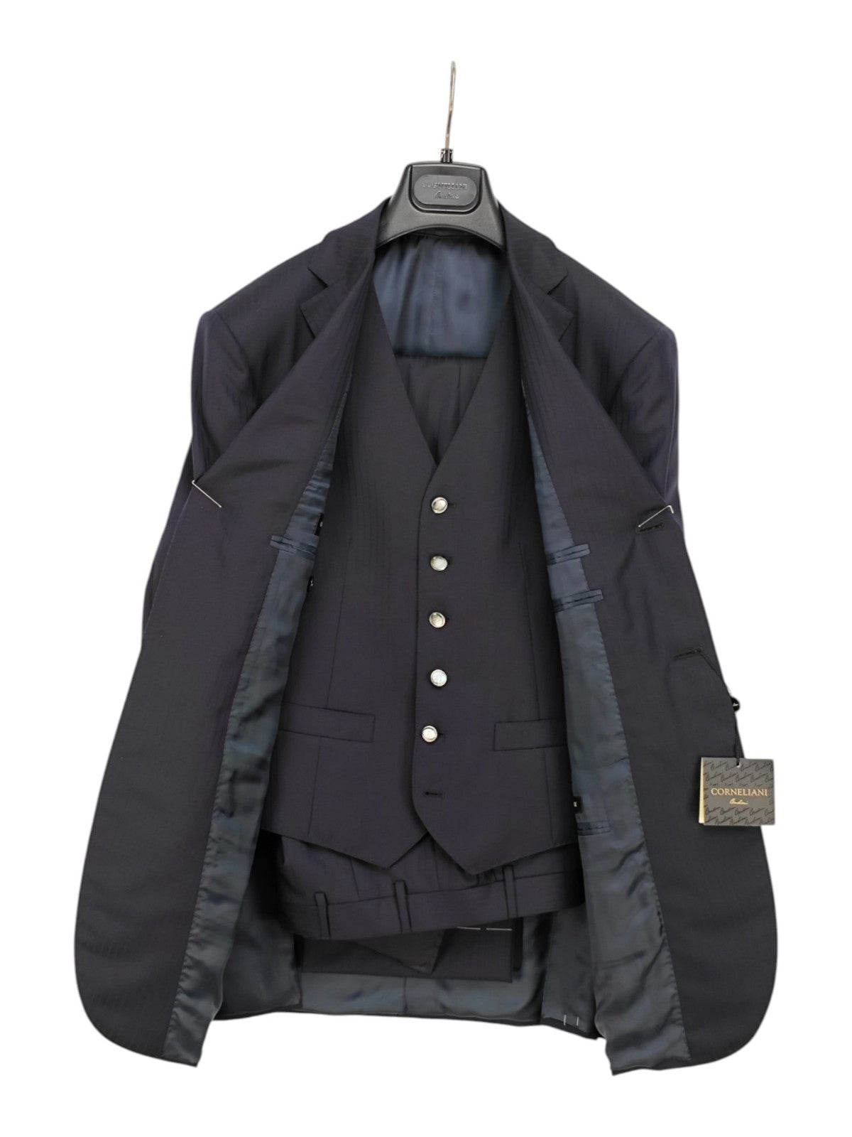 $1250 CORNELIANI Blue Navy Striped 3 Piece Suit Wool / Silk 36 US / 46 EU 7R