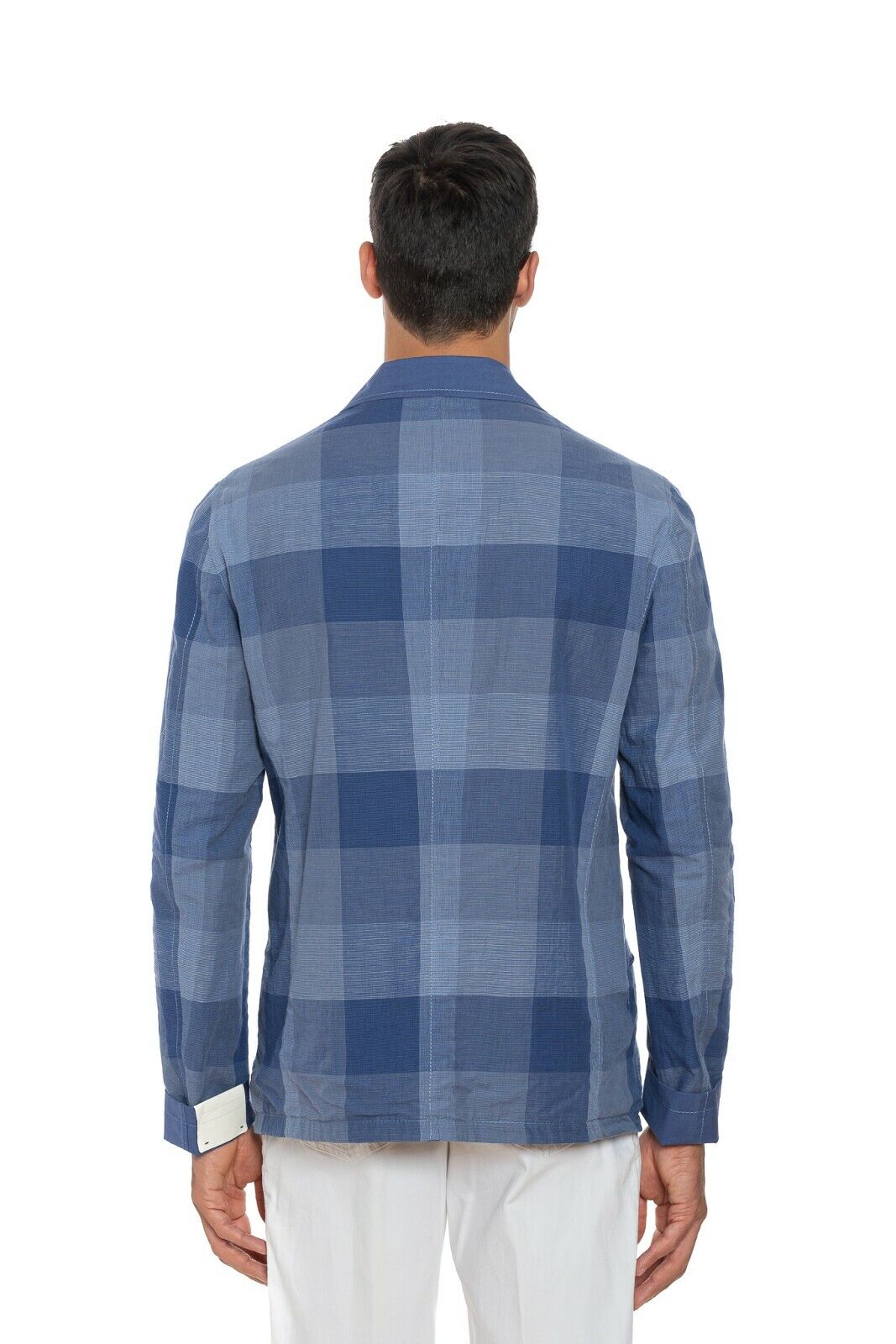 1450$ BELVEST Jacket Solid / Checks Blue Violet Reversible Cotton Linen Ramiè