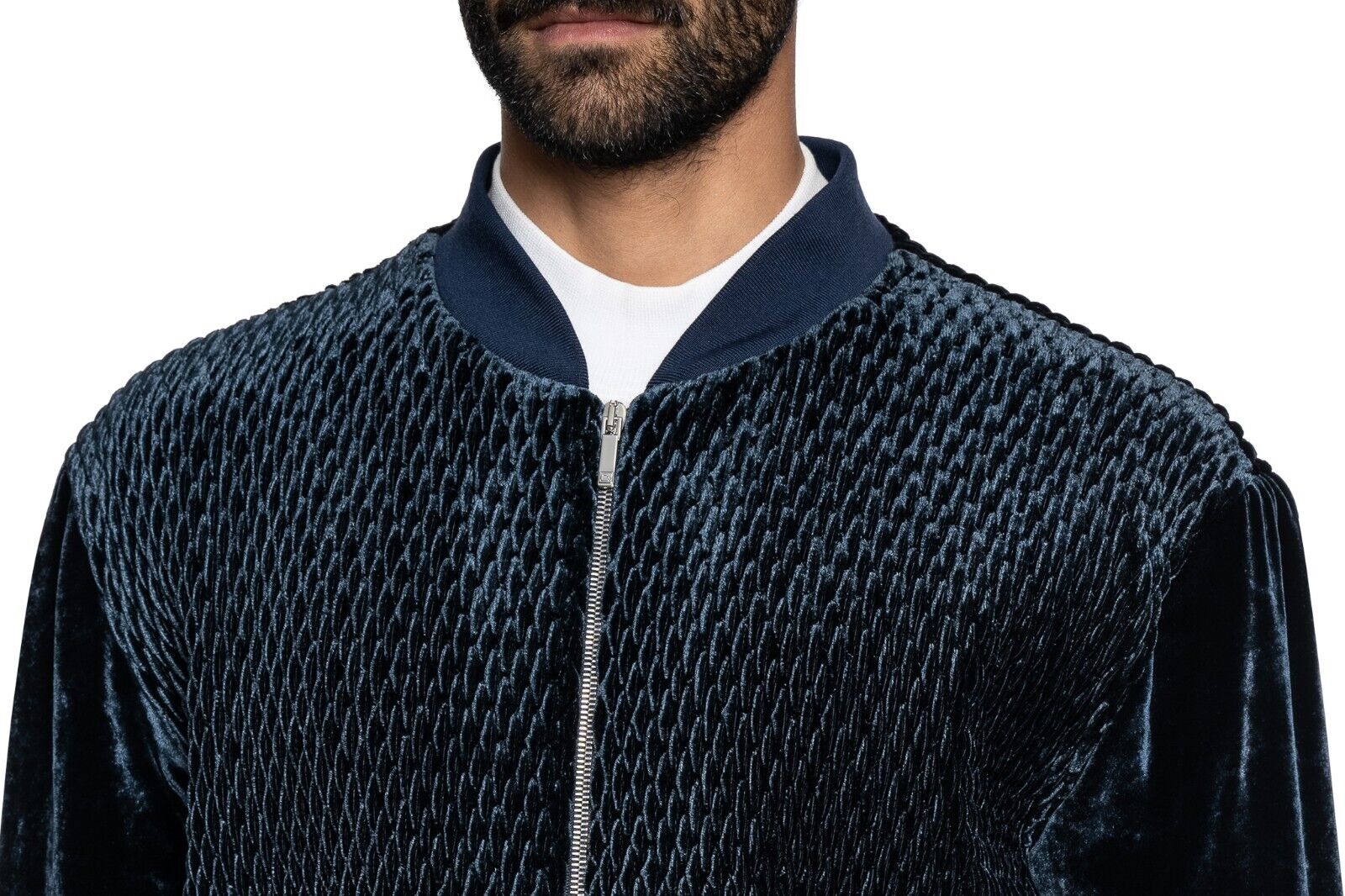 2000$ FABIO CAVIGLIA Bomber Jacket "WOVEN" Blue Corduroy Silk COMO 40 US / 50 EU