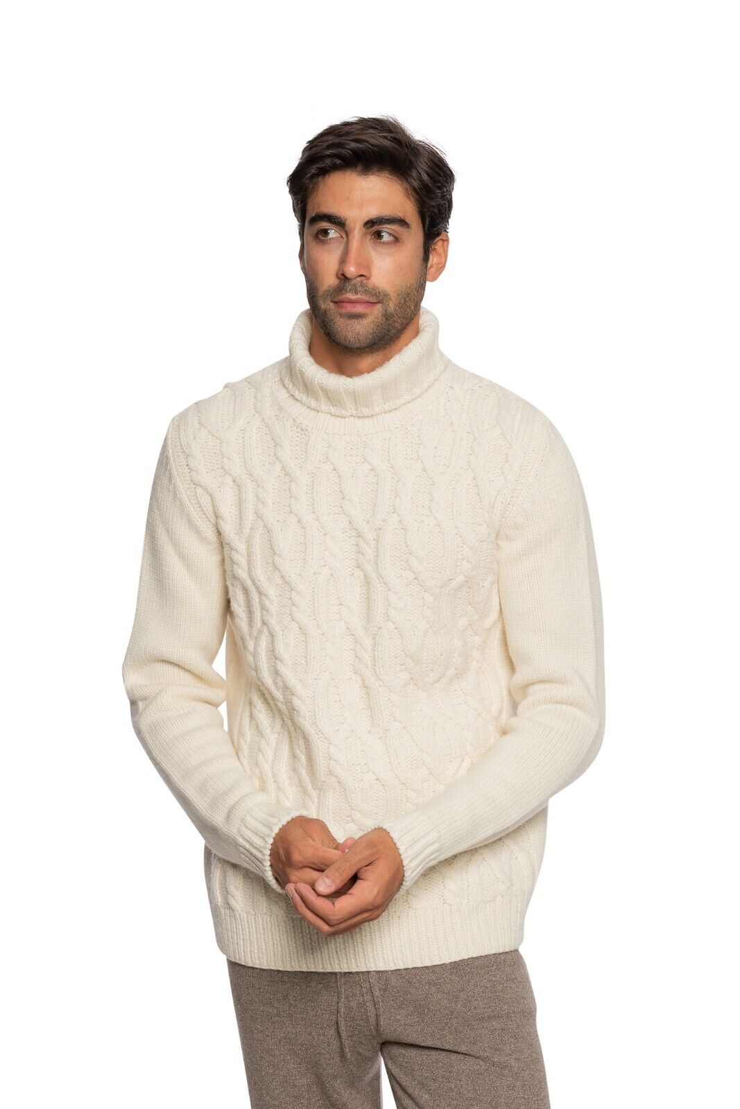 $2200 FEDELI CASHMERE Ivory Cable-Knit Sweater Thick 100% Cashmere "HAND KNIT"