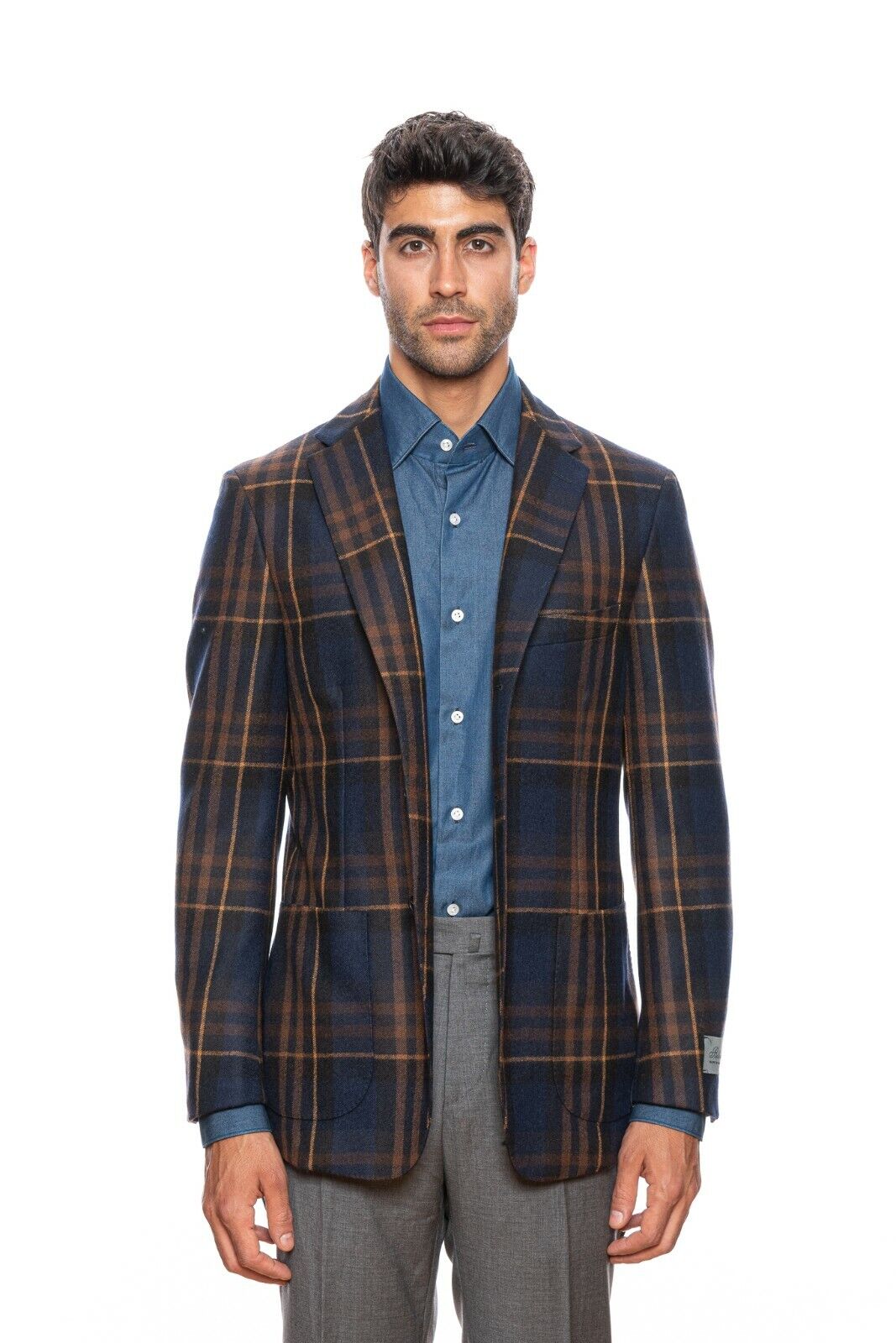 $2045 BELVEST Check Blue Rust Wool Jacket Blazer 42 US / 52 EU Drop 7R  F/W 2018