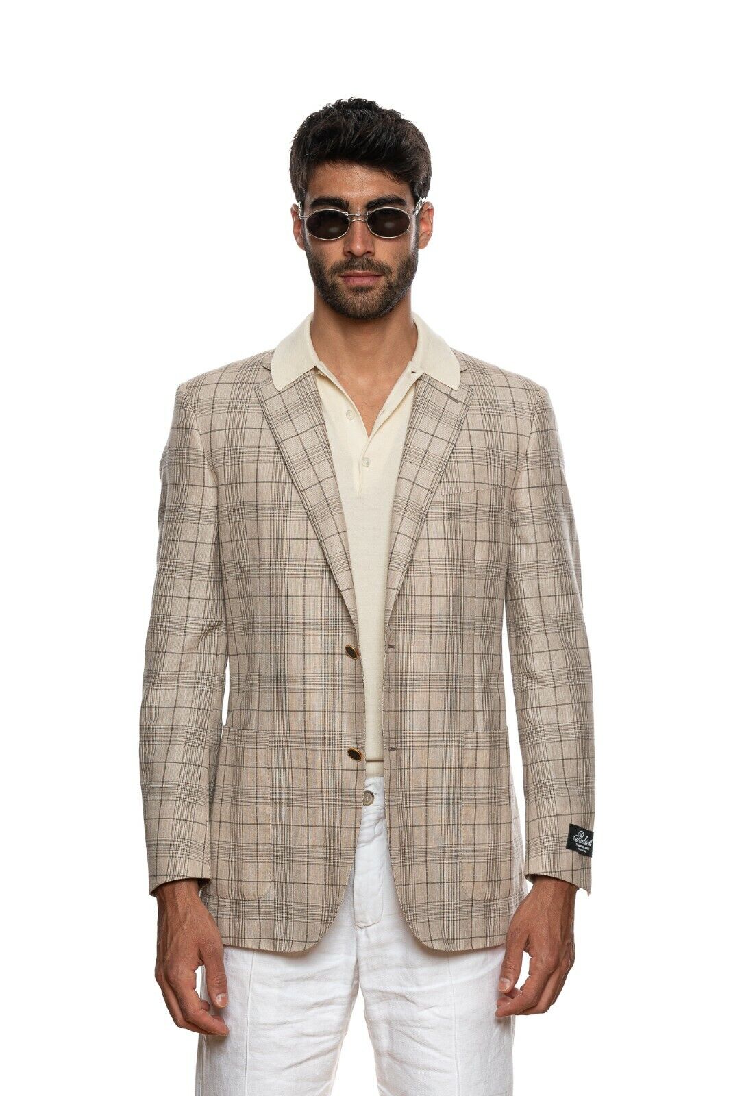 2180$ BELVEST Light Beige / Brown Wool Silk Linen Checks Jacket 40 US 50 EU 7 R