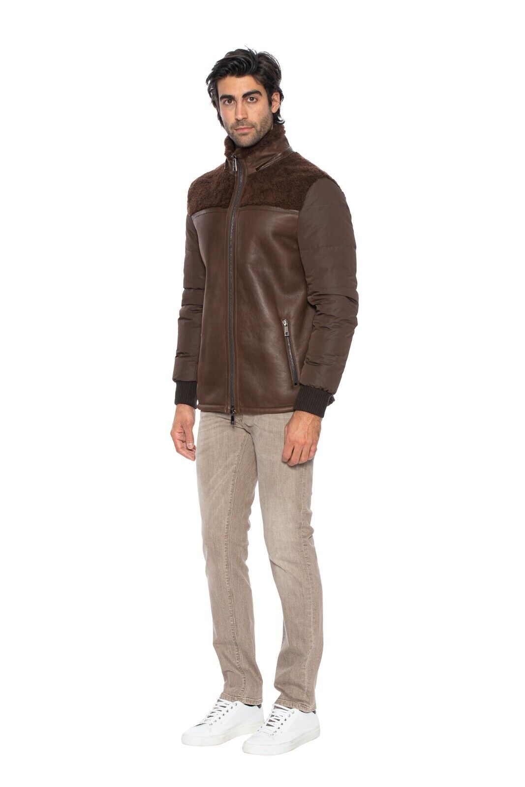 $3885 HETTABRETZ for TESTONI Brown Jacket Coat Puffer Goose Down + Shearling