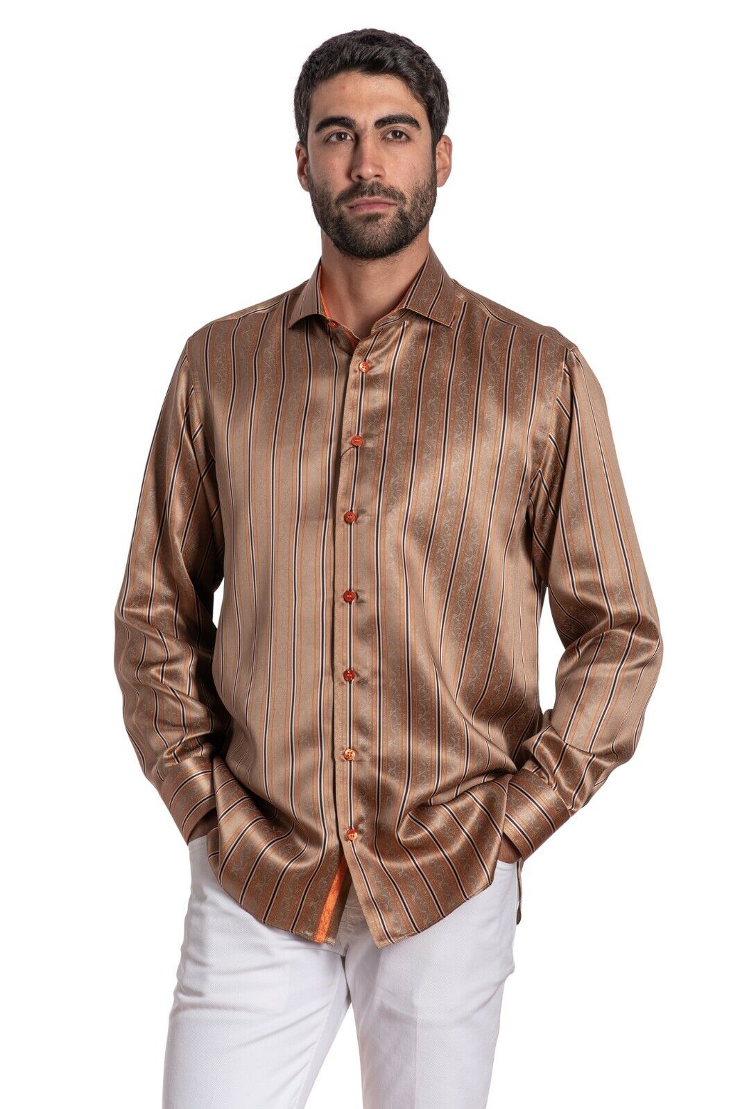 LUXURY 1400$ GERLIN Limited Edition Shirt Brown 100% Silk 16-41 BIJAN