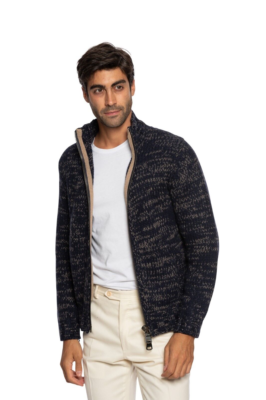 $1900 FEDELI CASHMERE Cardigan Bomber Thick 100% Cashmere Mouline 36 US / 46 EU
