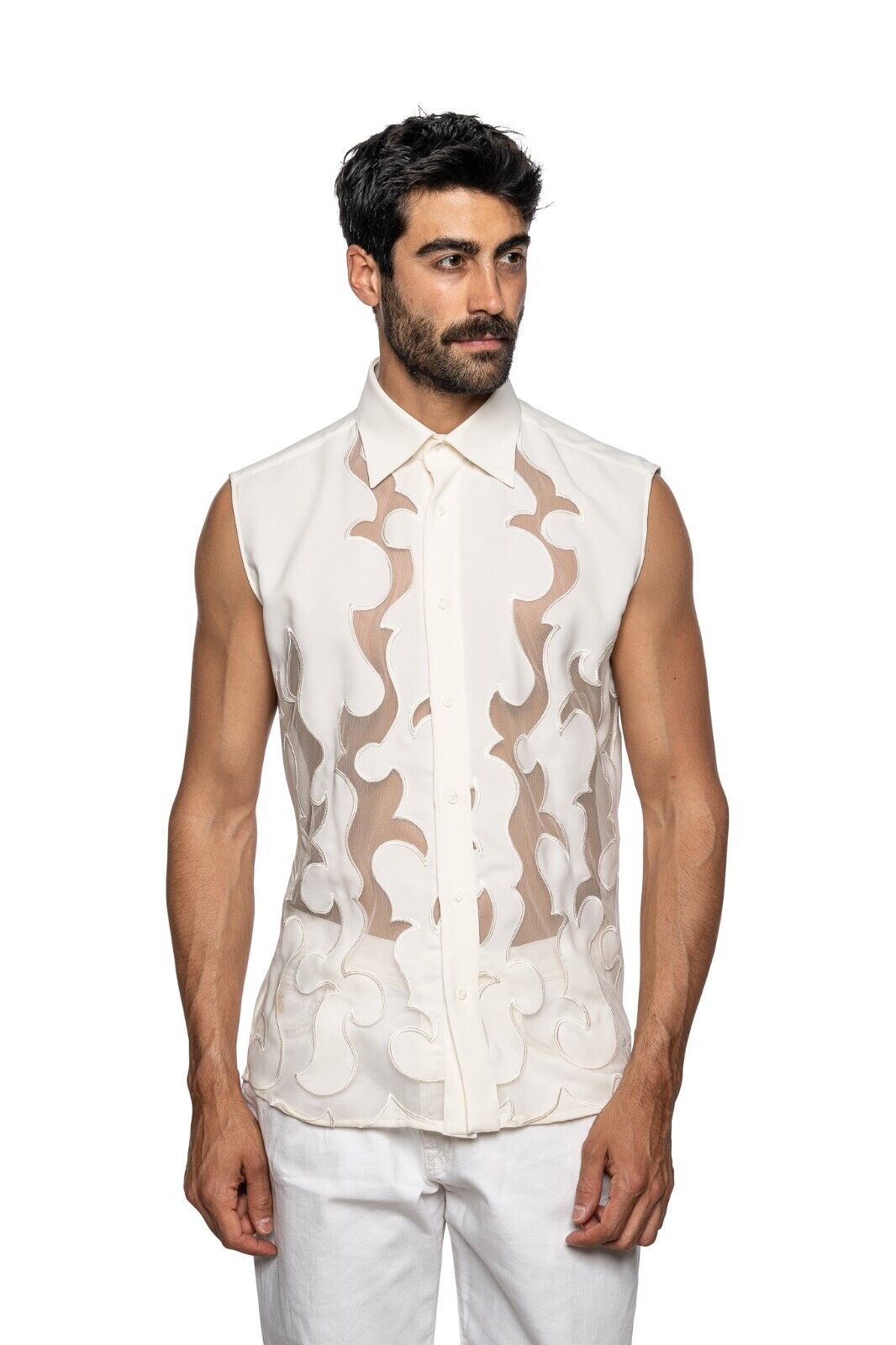 1400$ ITALO FERRETTI Shirt Vest Embroidered "VEIL" 100% Silk COMO Size L BIJAN