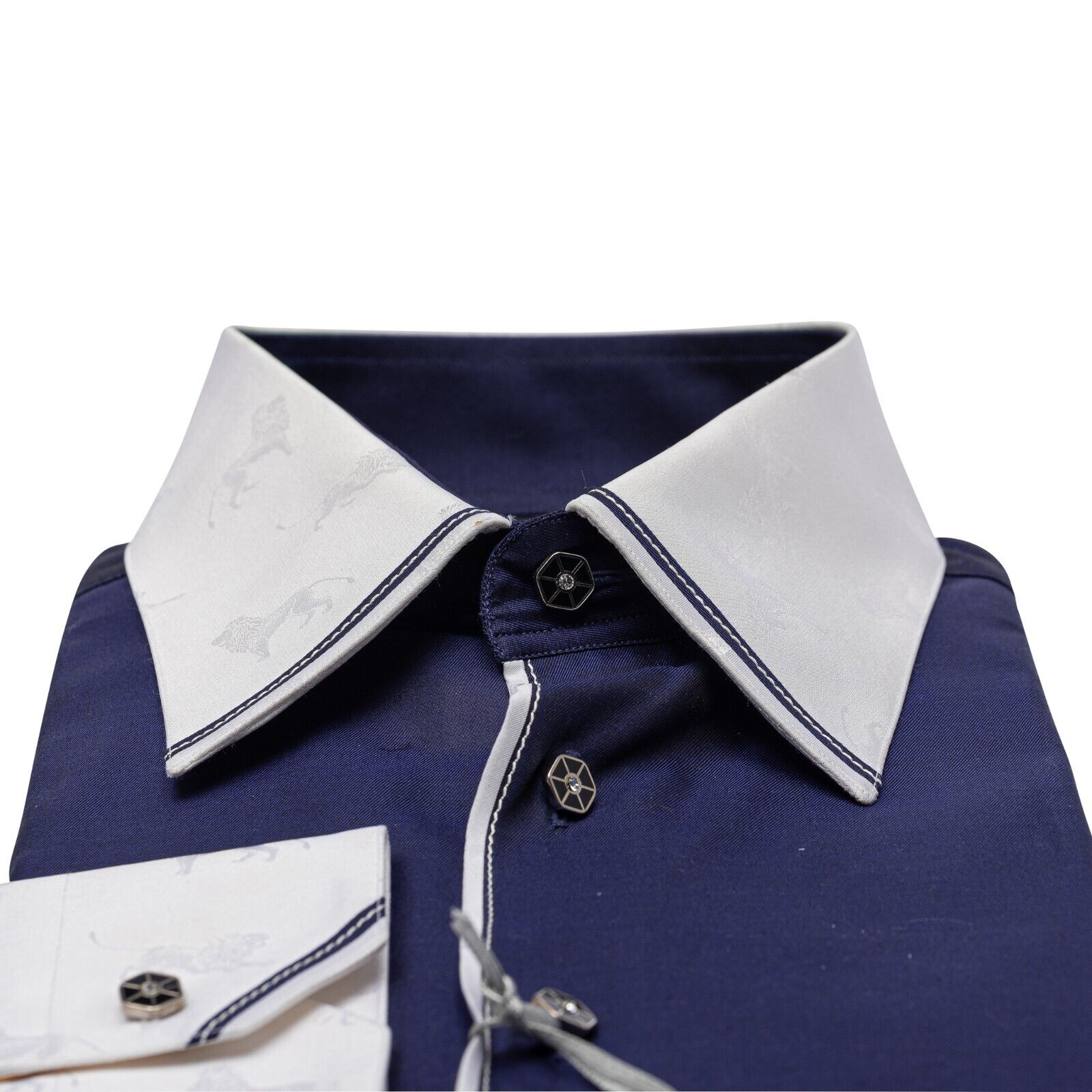 750$ LUXURY GERLIN Shirt "LIONS" Blue ALUMO Cotton 16 - 41 6P BIJAN