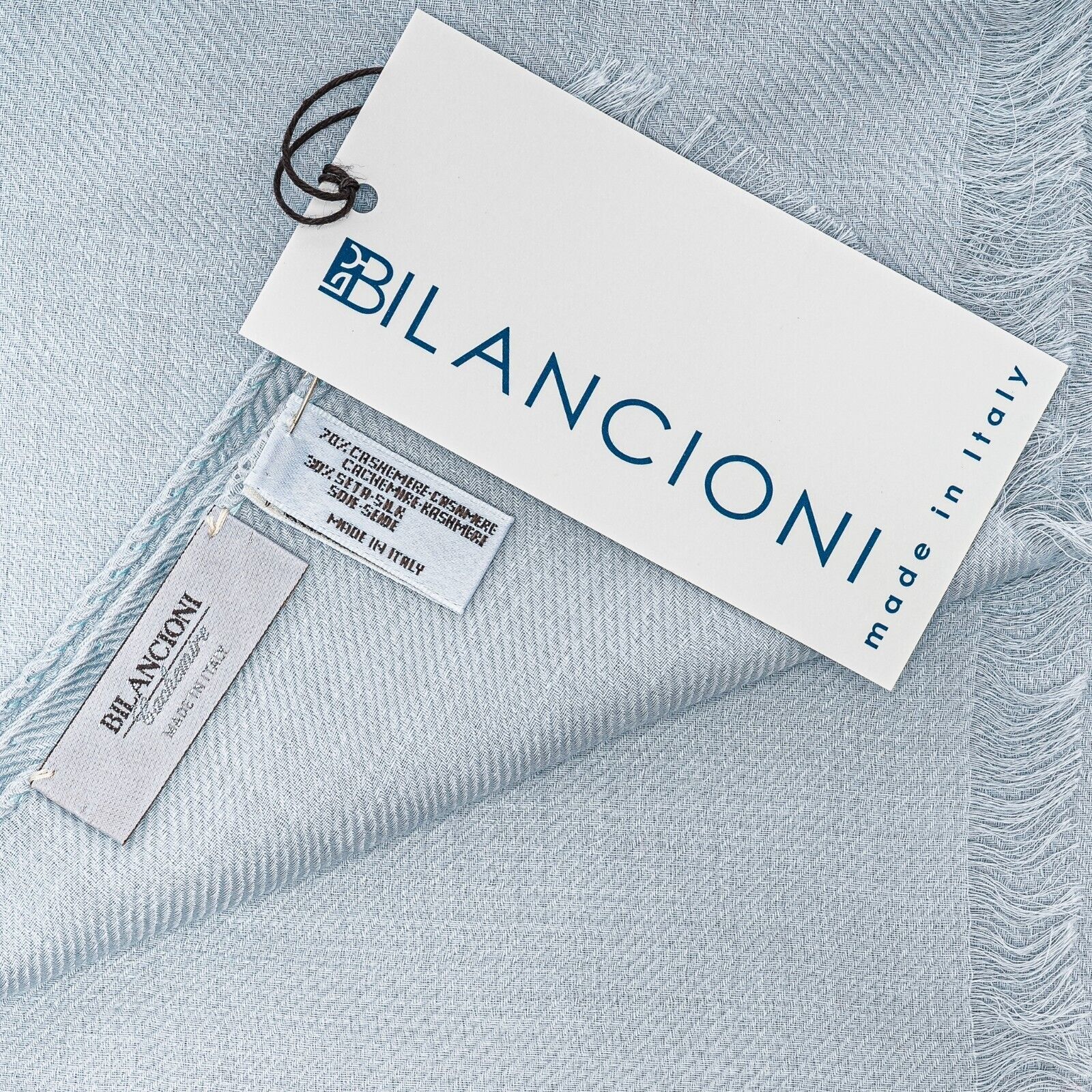 650$ Luxury UMBERTO BILANCIONI Stole Scarf ICE Blu Cashmere / Silk Made in Italy