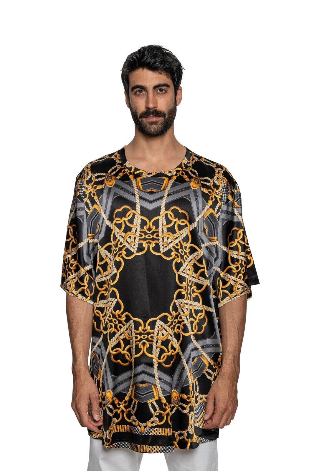 750$ FABIO CAVIGLIA T-Shirt "TUNIC" Black Chains 100% Silk COMO STRETCH Sz XXL