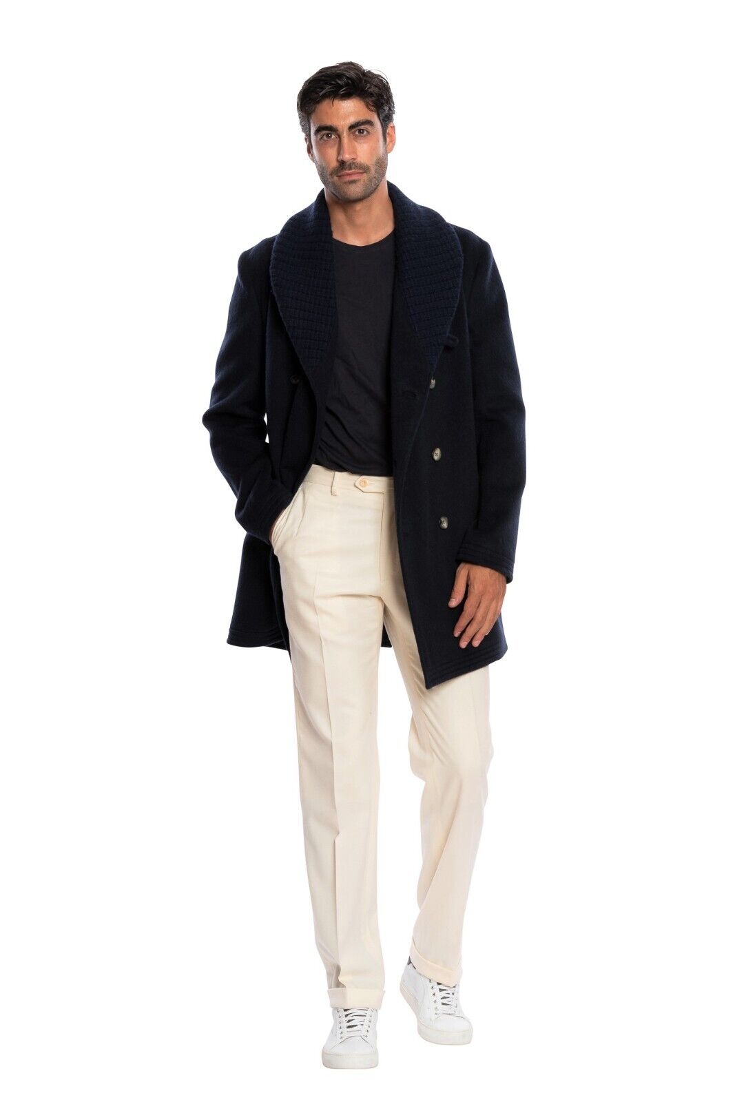 $1850 BOGLIOLI Dark Blue Double Breasted Coat Shawl Collar Wool 40 US / 50 EU