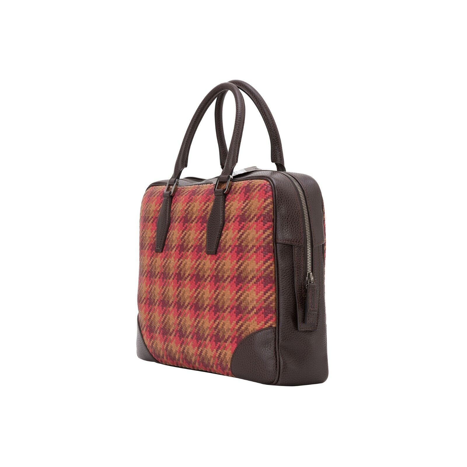 $1650 Testoni Bologna Brown Briefcase PC Case Bright Woven Karibu Calf