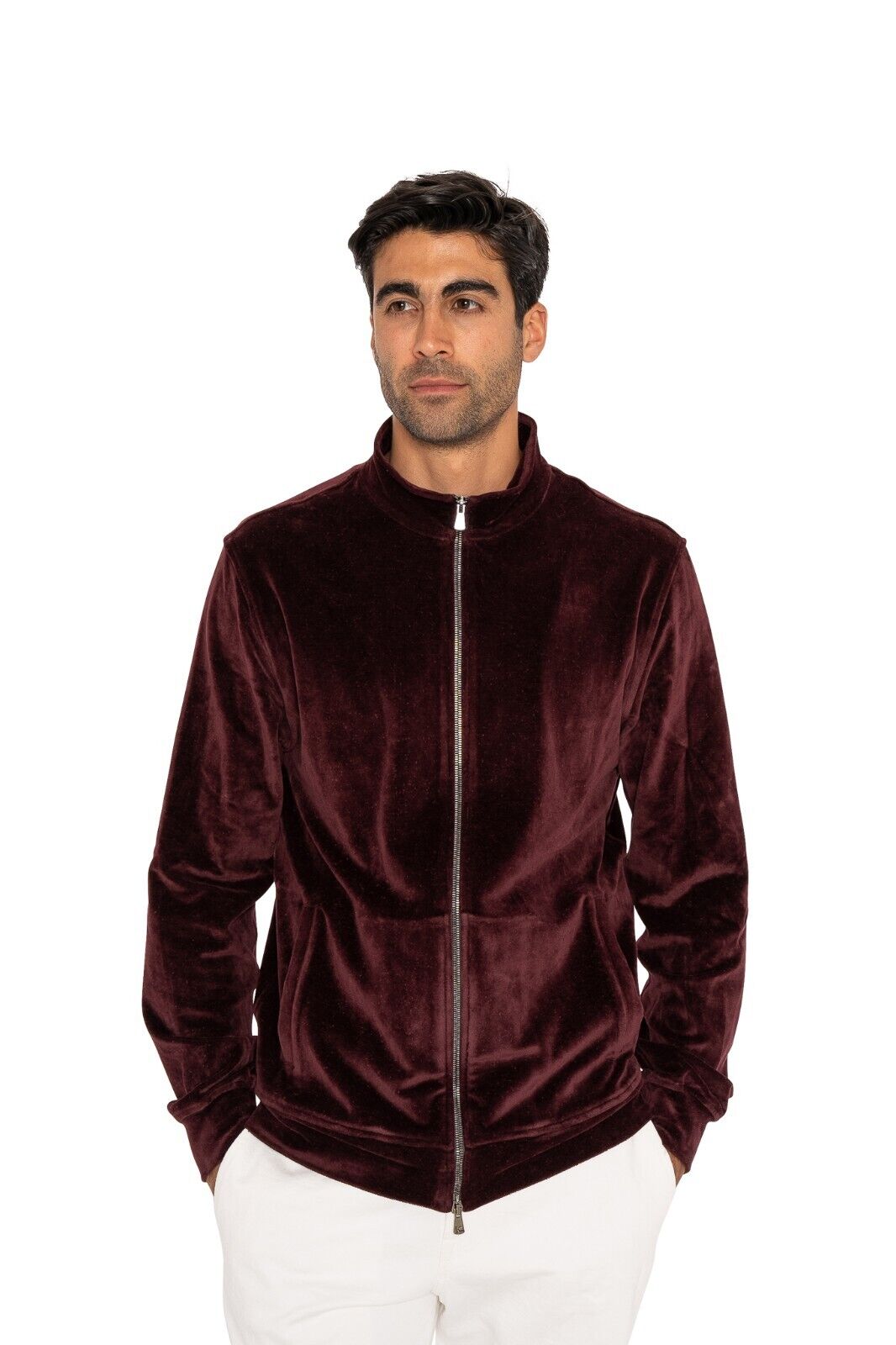 1100$ ISAIA Burgundy Full Zip Sweater Track Jacket Velvet Cotton / Cashmere Sz M