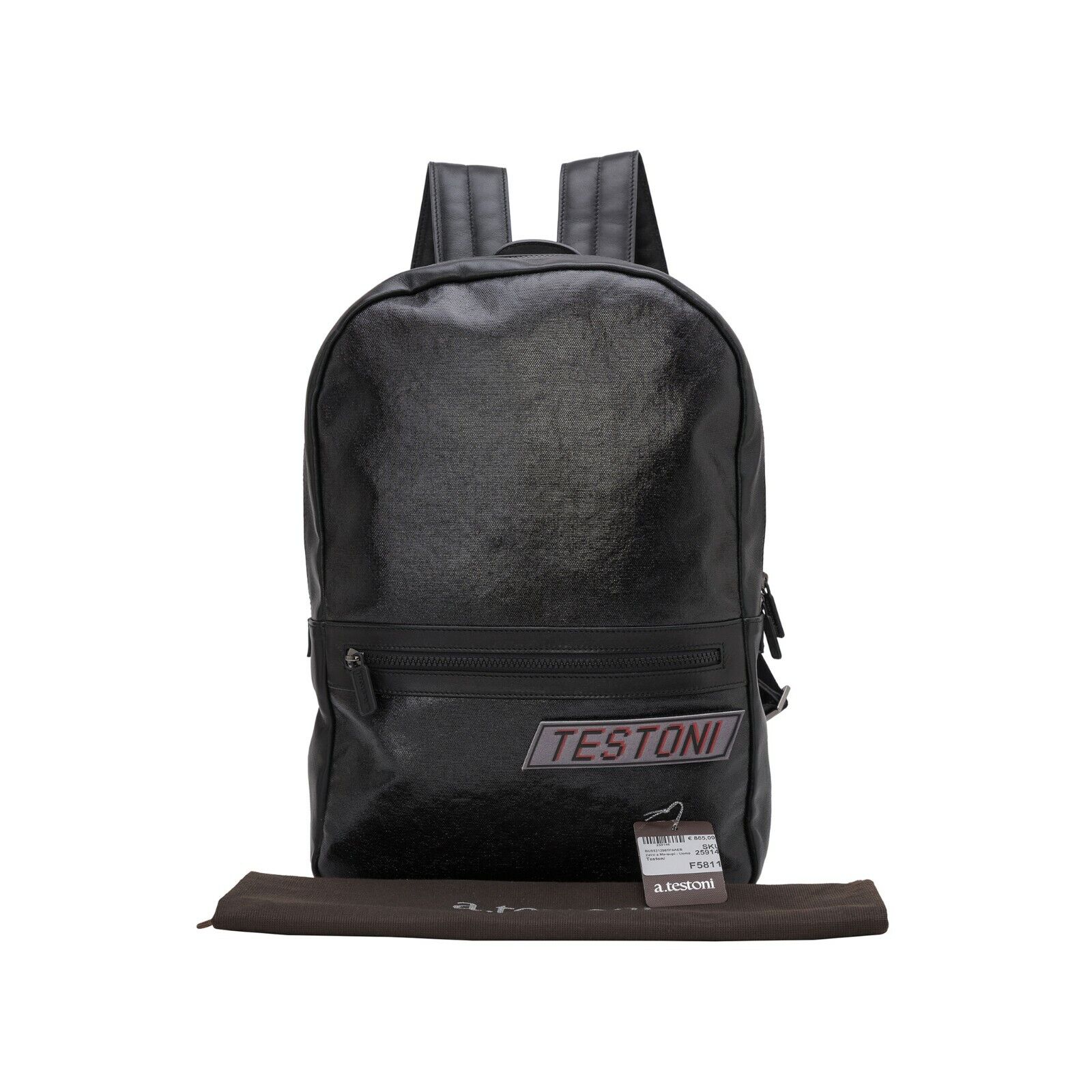 $1040 Testoni Bologna Black Luxury Backpack Techno Rain Fabric + Nappa + Patch